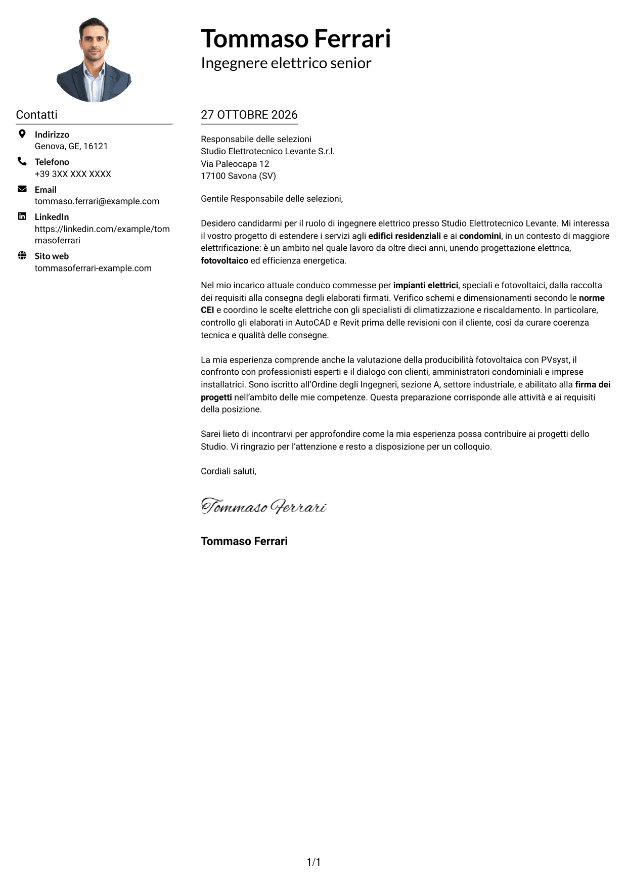 Esempio di lettera di presentazione — pagina 1
