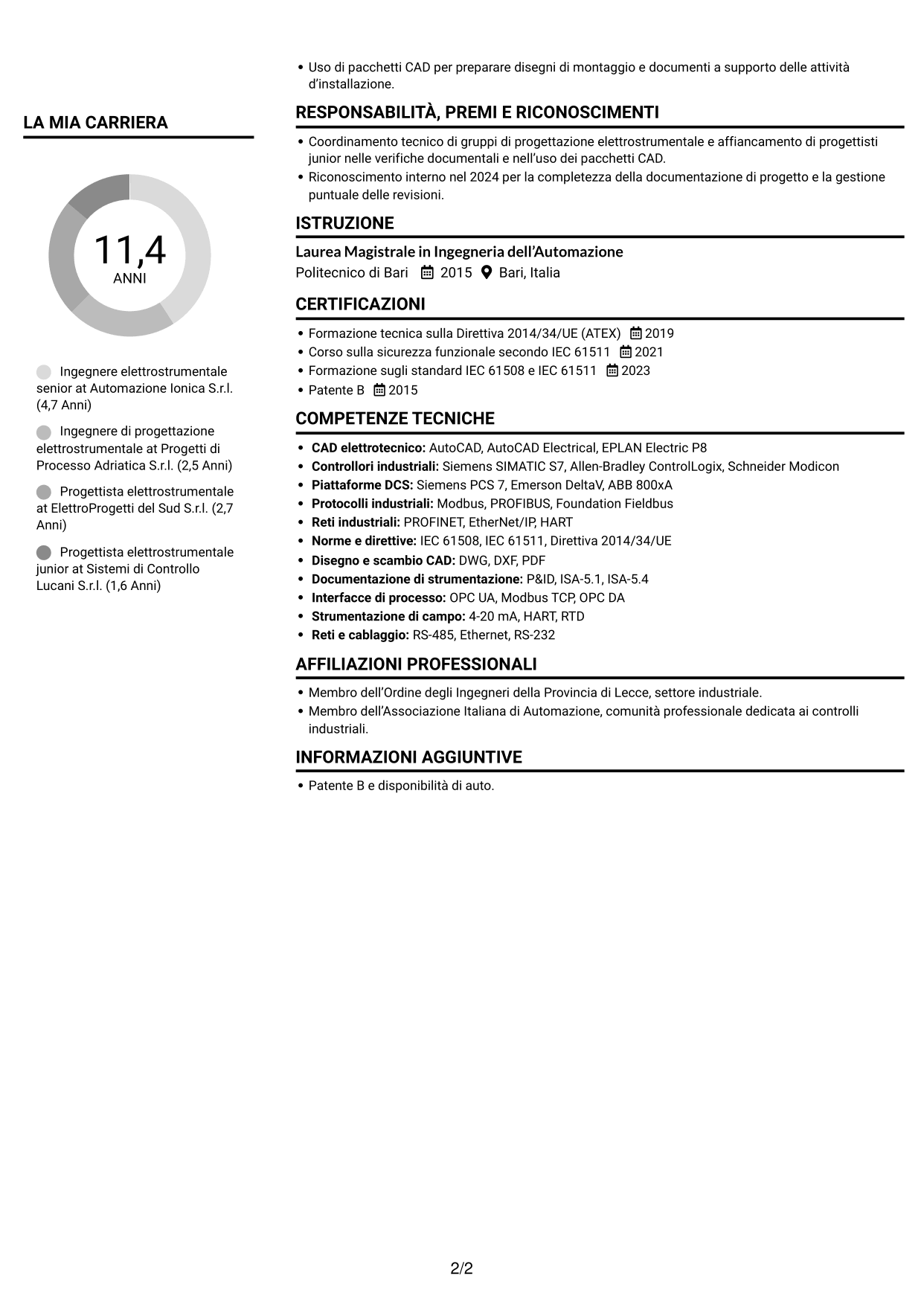 CV Compatto (formato sobrio a due colonne con foto): Ingegnere elettrostrumentale, pagina 2
