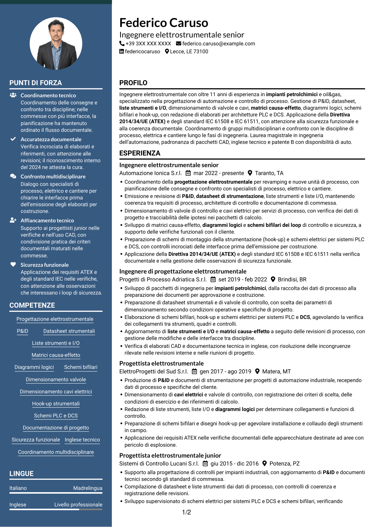 CV Elegante (formato con colonna laterale colorata e foto): Ingegnere elettrostrumentale, pagina 1