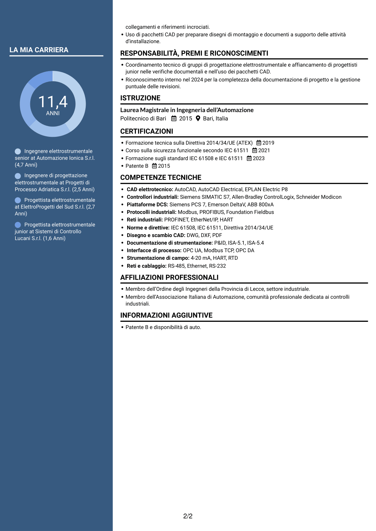 CV Elegante (formato con colonna laterale colorata e foto): Ingegnere elettrostrumentale, pagina 2
