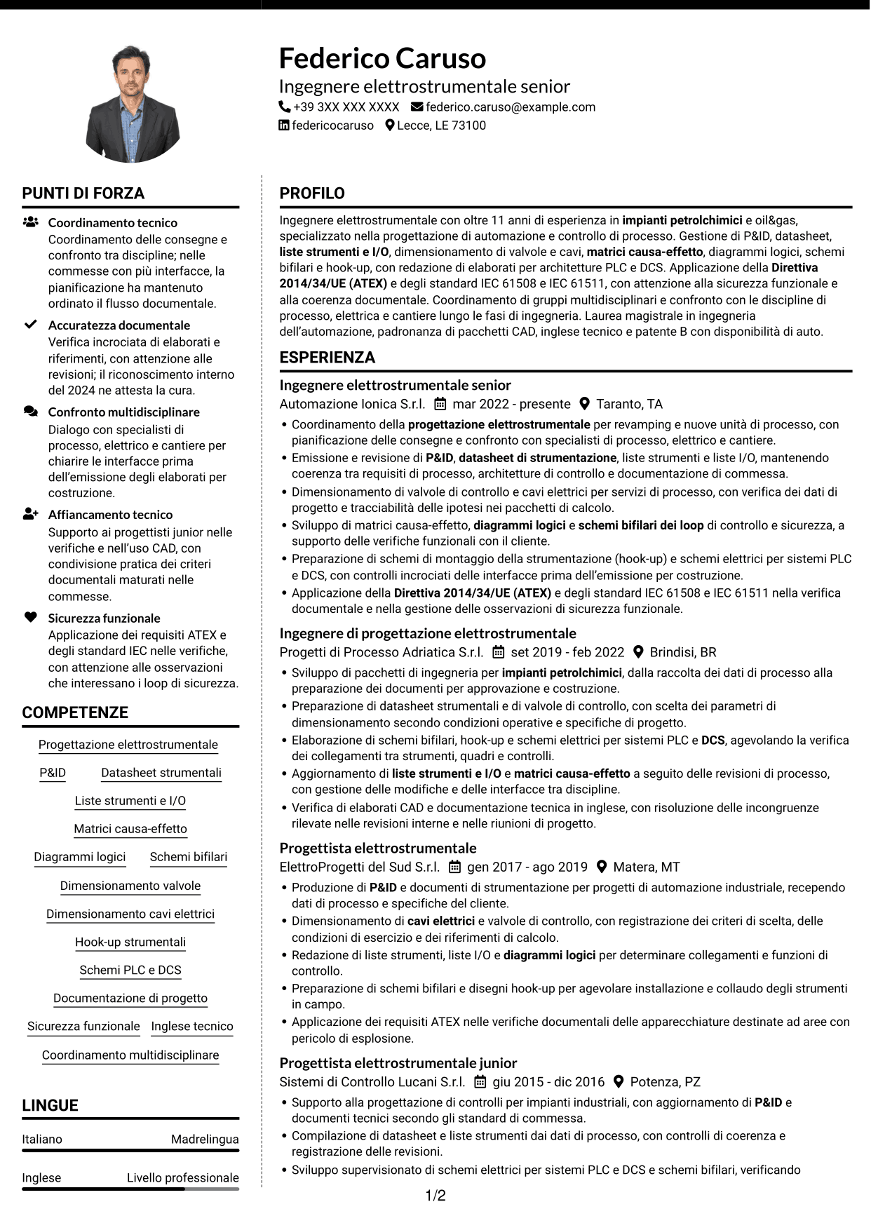 CV Moderno (formato a due colonne con foto a sinistra e separatore): Ingegnere elettrostrumentale, pagina 1