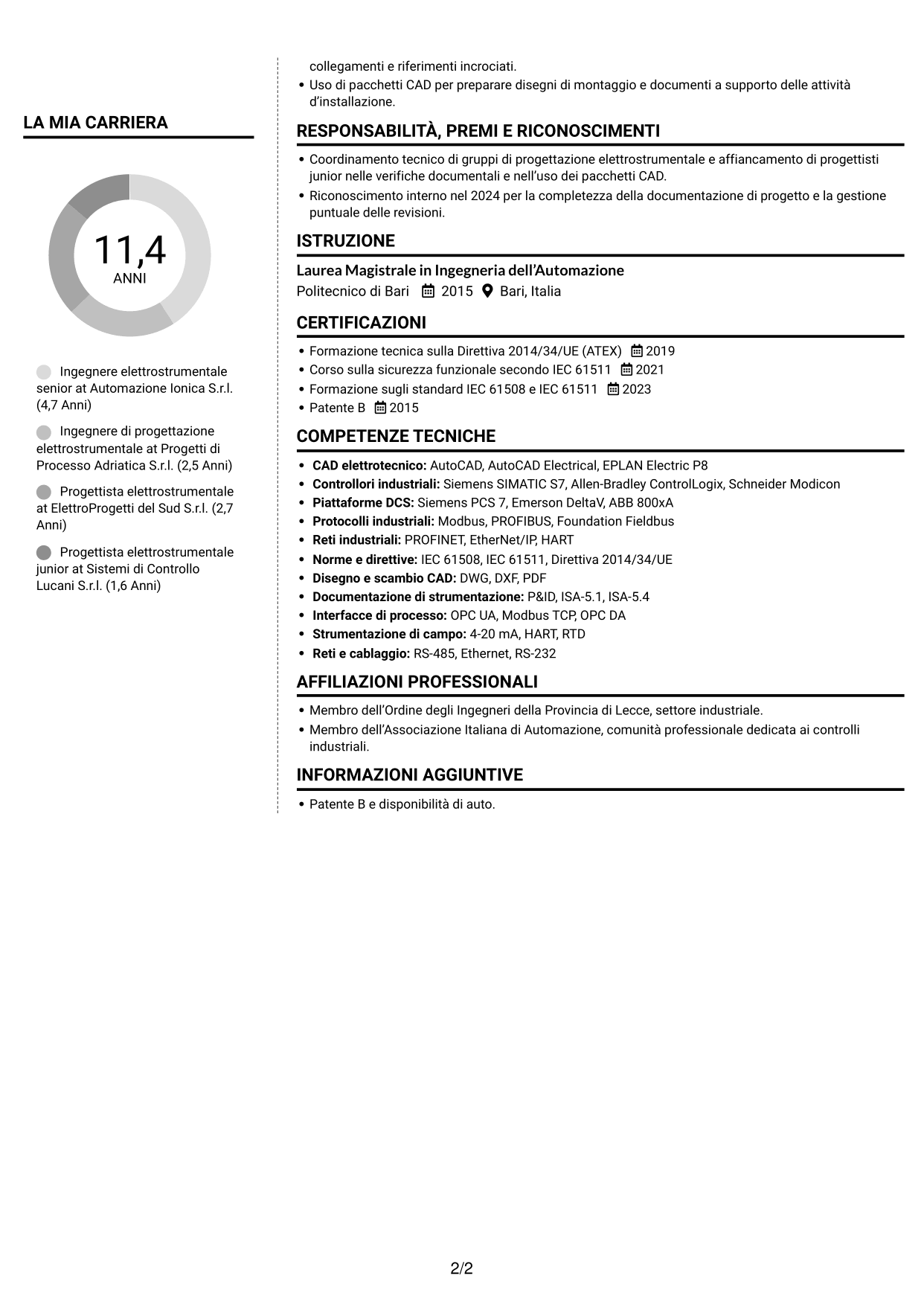 CV Moderno (formato a due colonne con foto a sinistra e separatore): Ingegnere elettrostrumentale, pagina 2