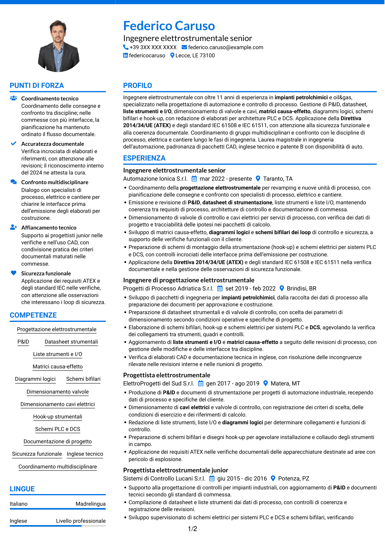 CV Audace (formato a due colonne con accenti colorati e foto): Ingegnere elettrostrumentale, pagina 1