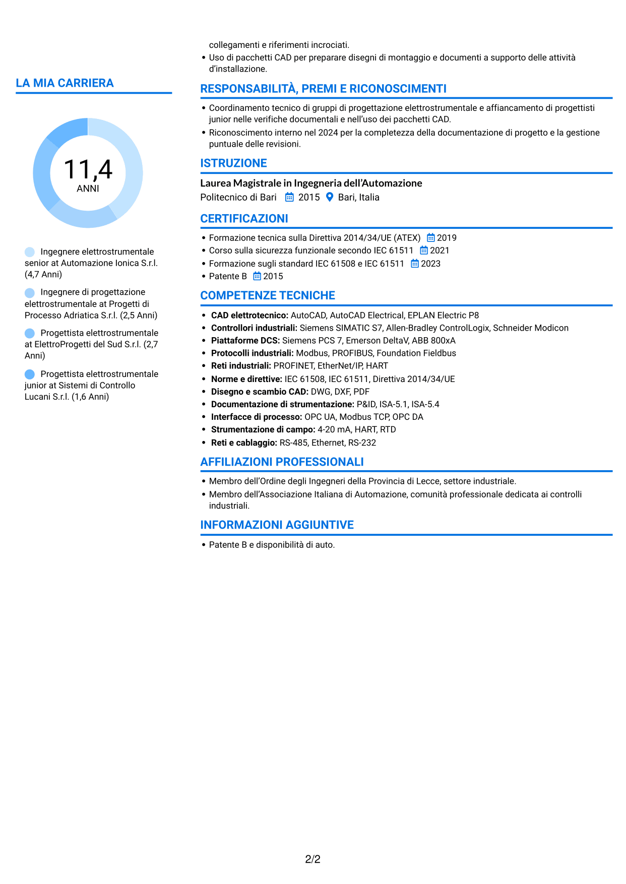 CV Audace (formato a due colonne con accenti colorati e foto): Ingegnere elettrostrumentale, pagina 2