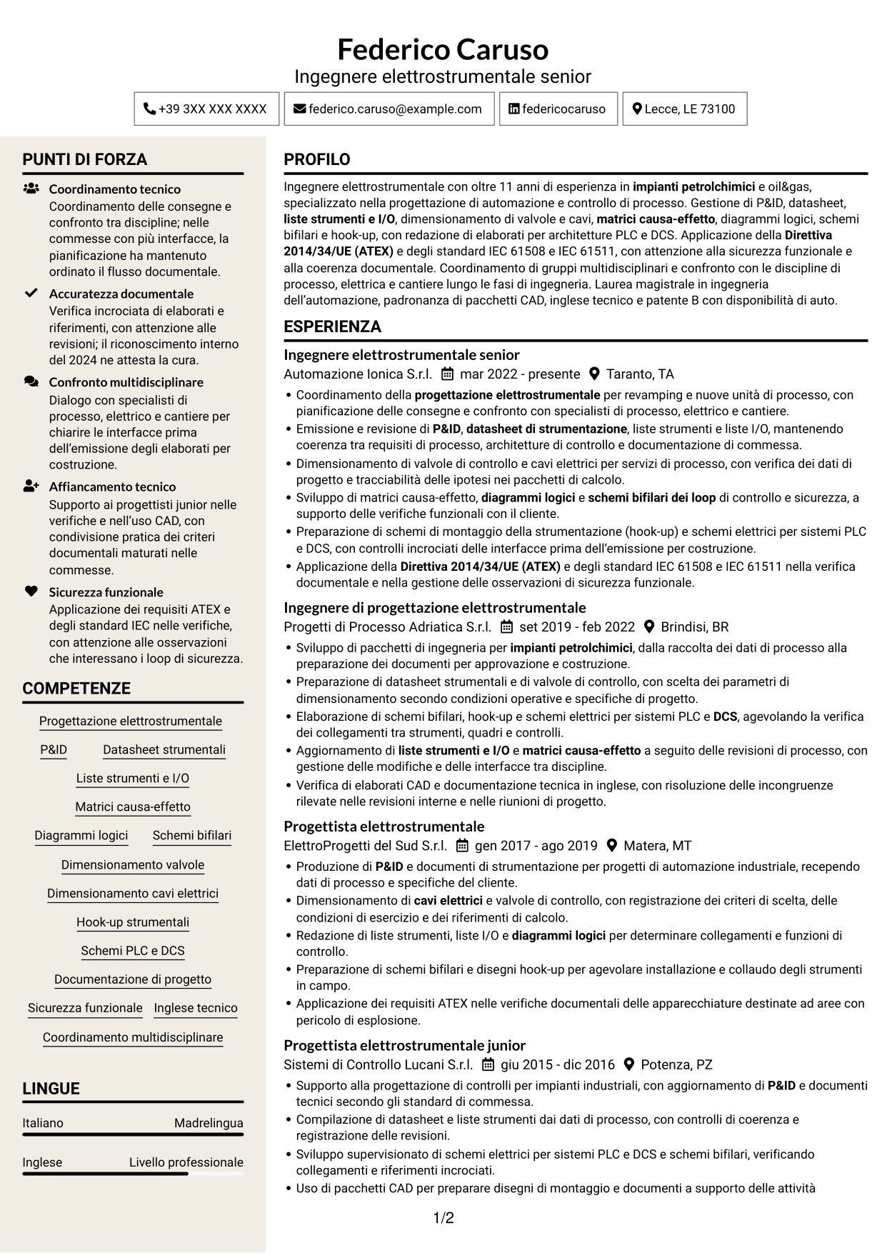 CV Intraprendente (formato a due colonne con intestazione centrata senza foto): Ingegnere elettrostrumentale, pagina 1