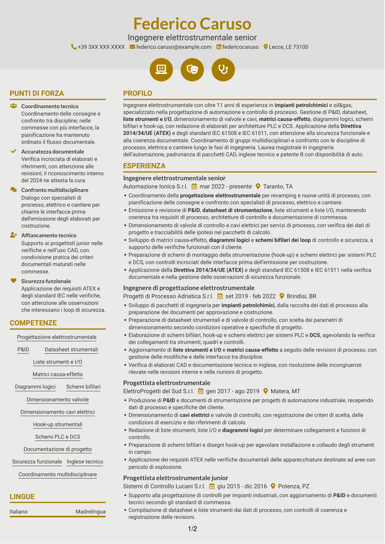 CV Dinamico (formato a due colonne con icone): Ingegnere elettrostrumentale, pagina 1