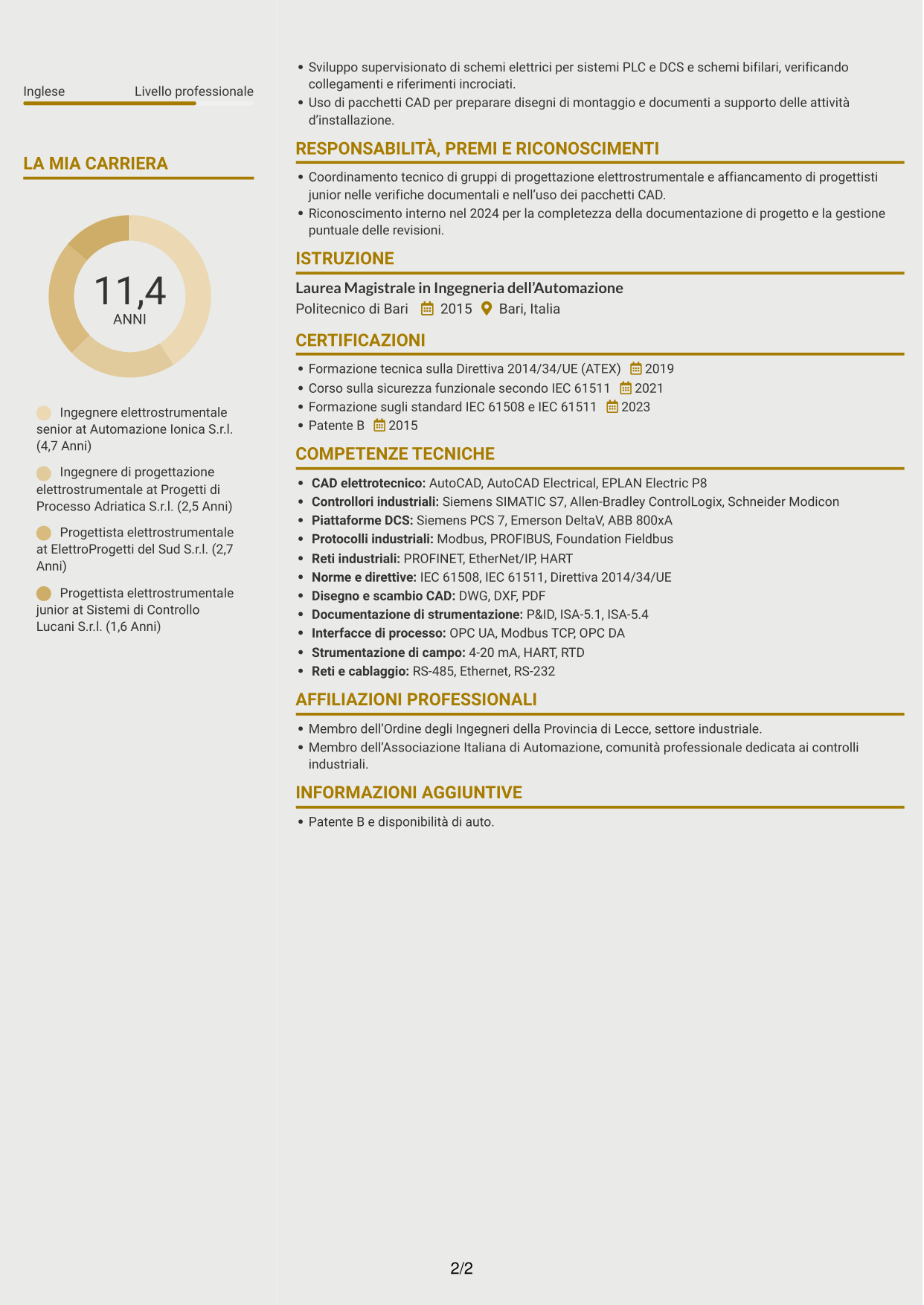 CV Dinamico (formato a due colonne con icone): Ingegnere elettrostrumentale, pagina 2