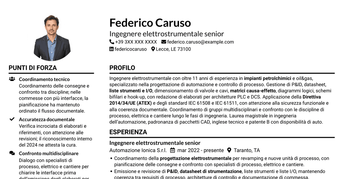 7 modelli di CV per Ingegnere elettrostrumentale, con esempi