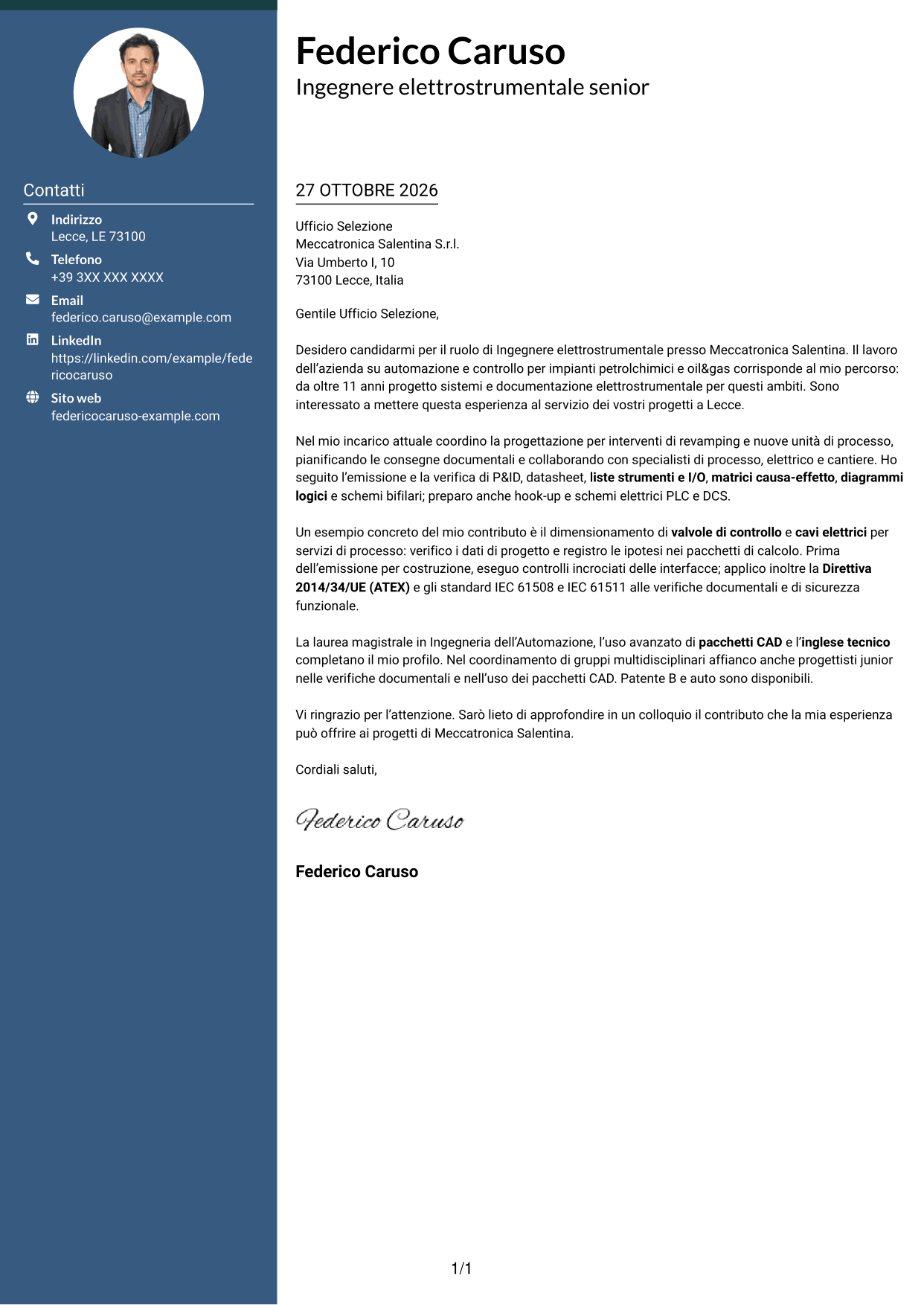 Lettera di presentazione Elegante (formato con colonna laterale colorata e foto): Ingegnere elettrostrumentale, pagina 1