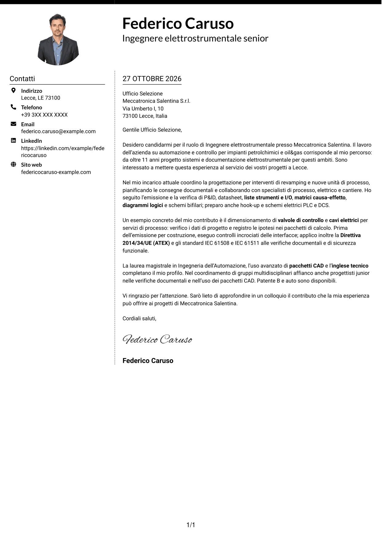 Lettera di presentazione Moderno (formato a due colonne con foto a sinistra e separatore): Ingegnere elettrostrumentale, pagina 1