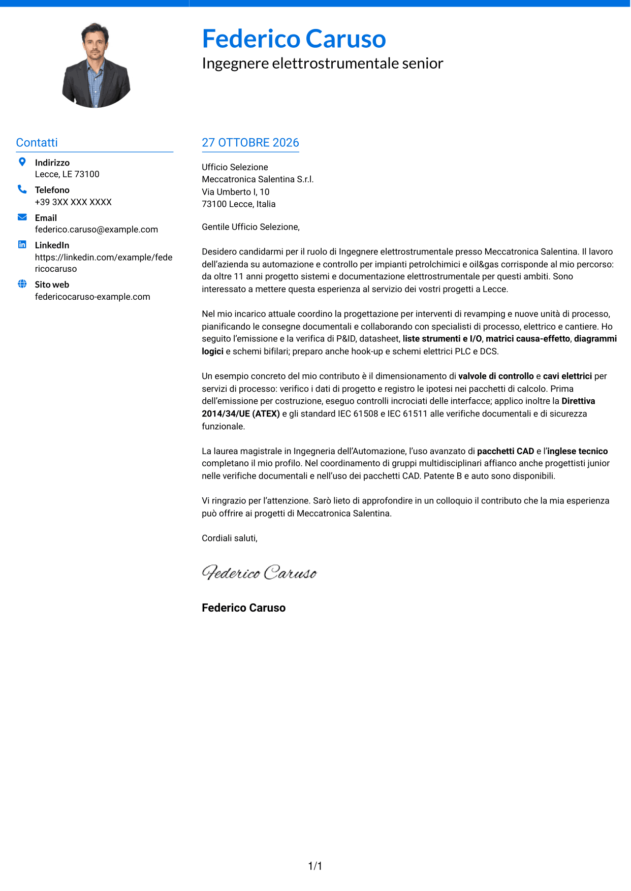 Lettera di presentazione Audace (formato a due colonne con accenti colorati e foto): Ingegnere elettrostrumentale, pagina 1