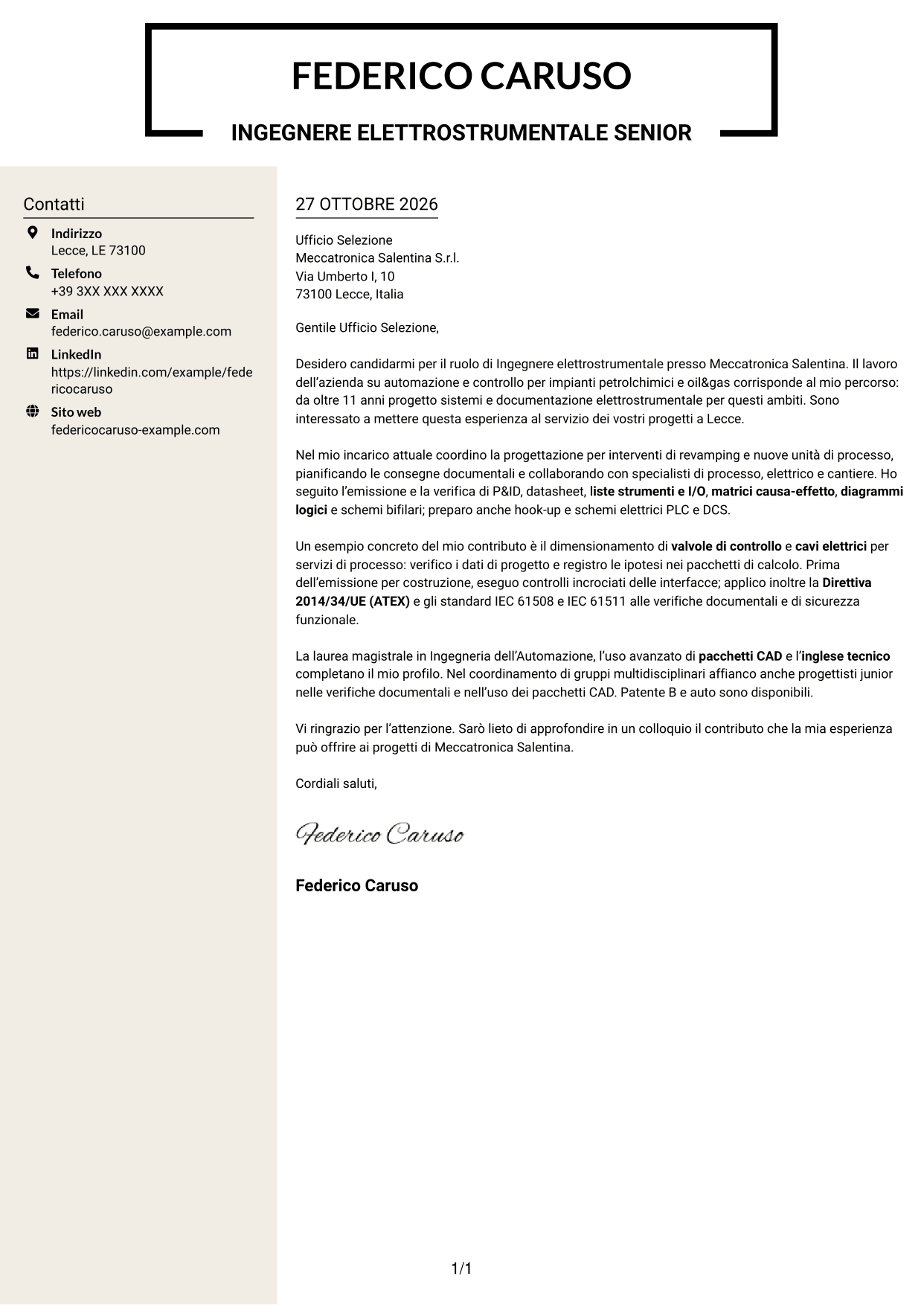 Lettera di presentazione Intraprendente (formato a due colonne con intestazione centrata senza foto): Ingegnere elettrostrumentale, pagina 1