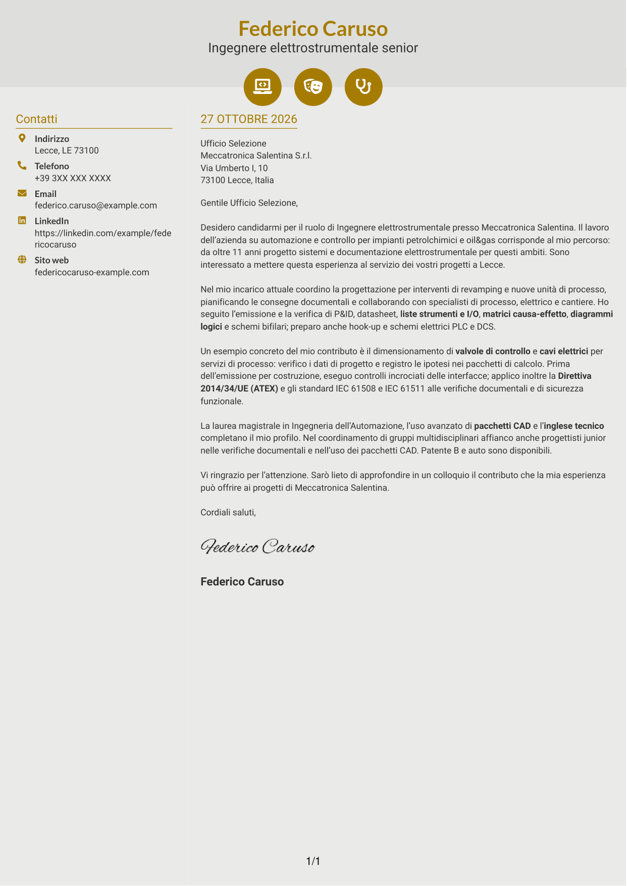 Lettera di presentazione Dinamico (formato a due colonne con icone): Ingegnere elettrostrumentale, pagina 1