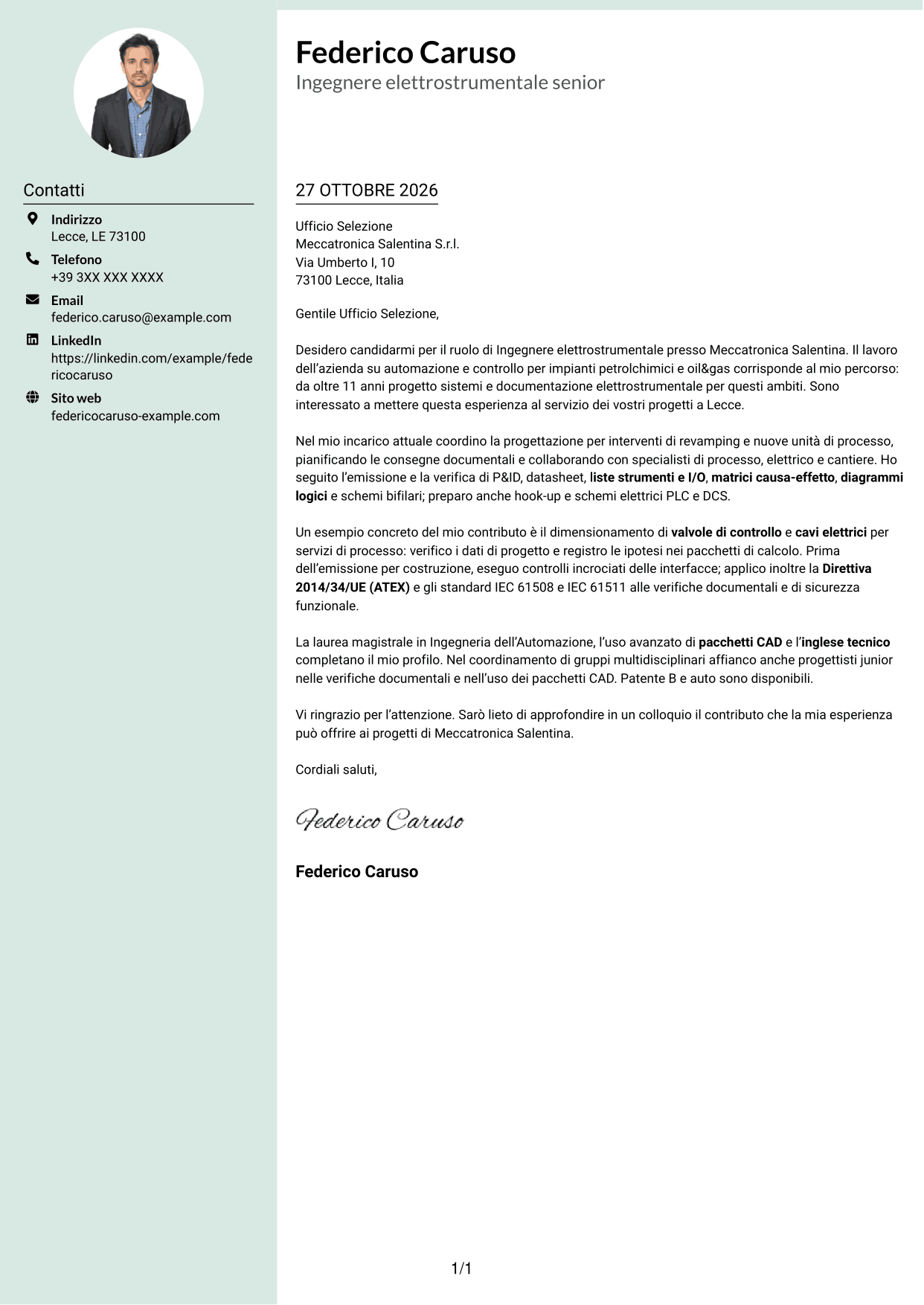 Lettera di presentazione Dirigente (formato con colonna laterale tenue e foto arrotondata): Ingegnere elettrostrumentale, pagina 1