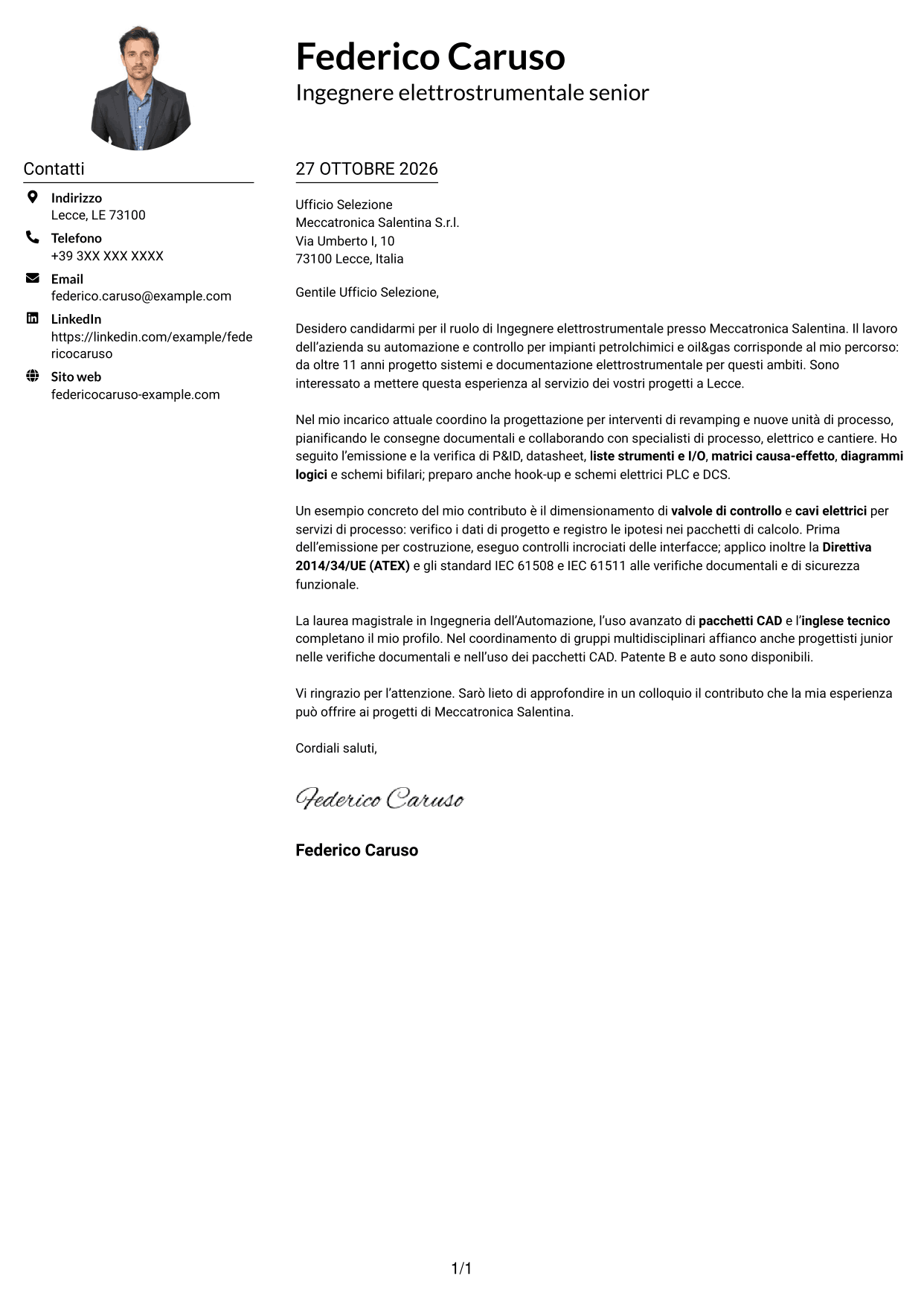 Esempio di lettera di presentazione — pagina 1
