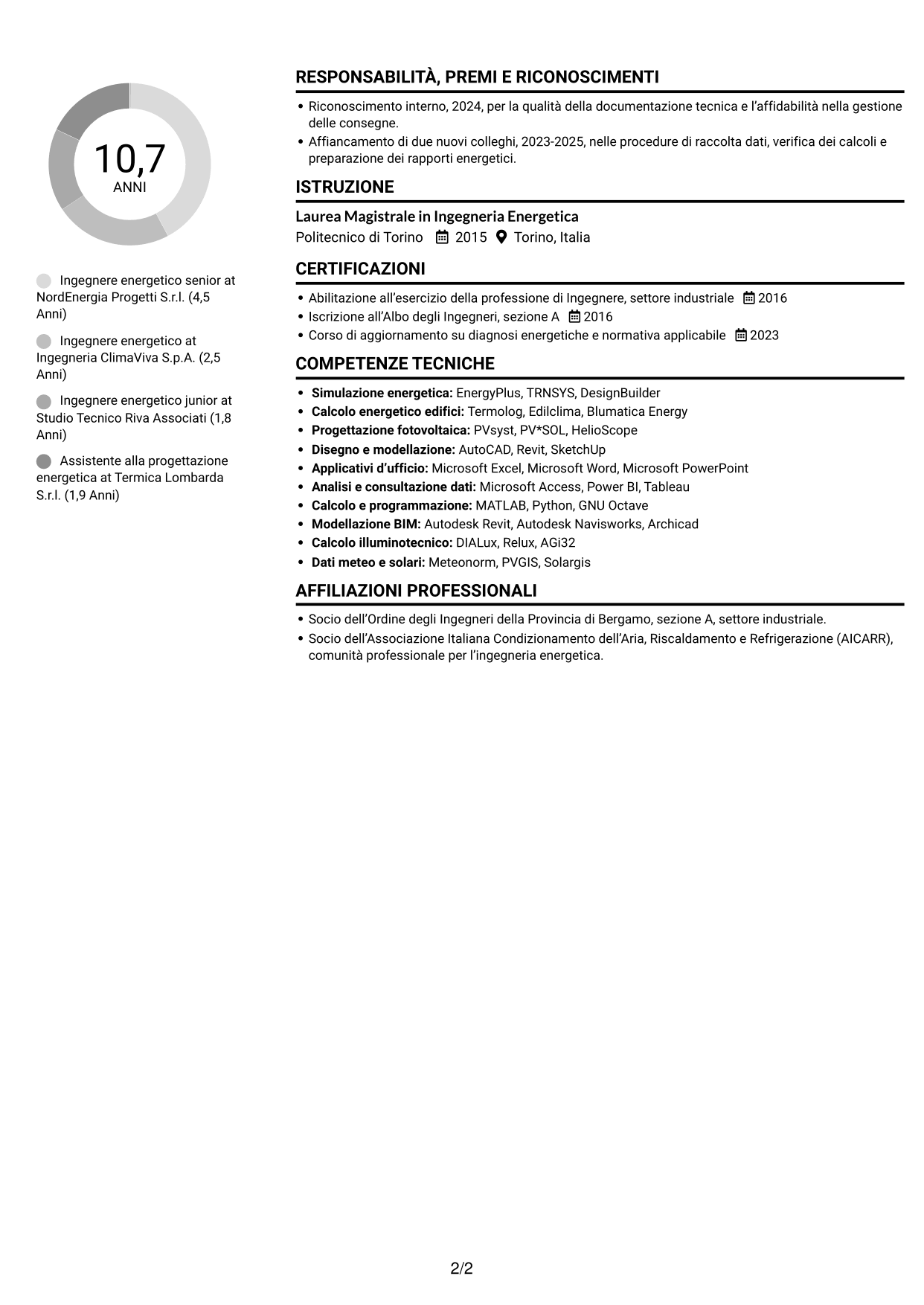 CV Compatto (formato sobrio a due colonne con foto): Ingegnere Energetico - Efficienza Energetica e Fonti Rinnovabili, pagina 2