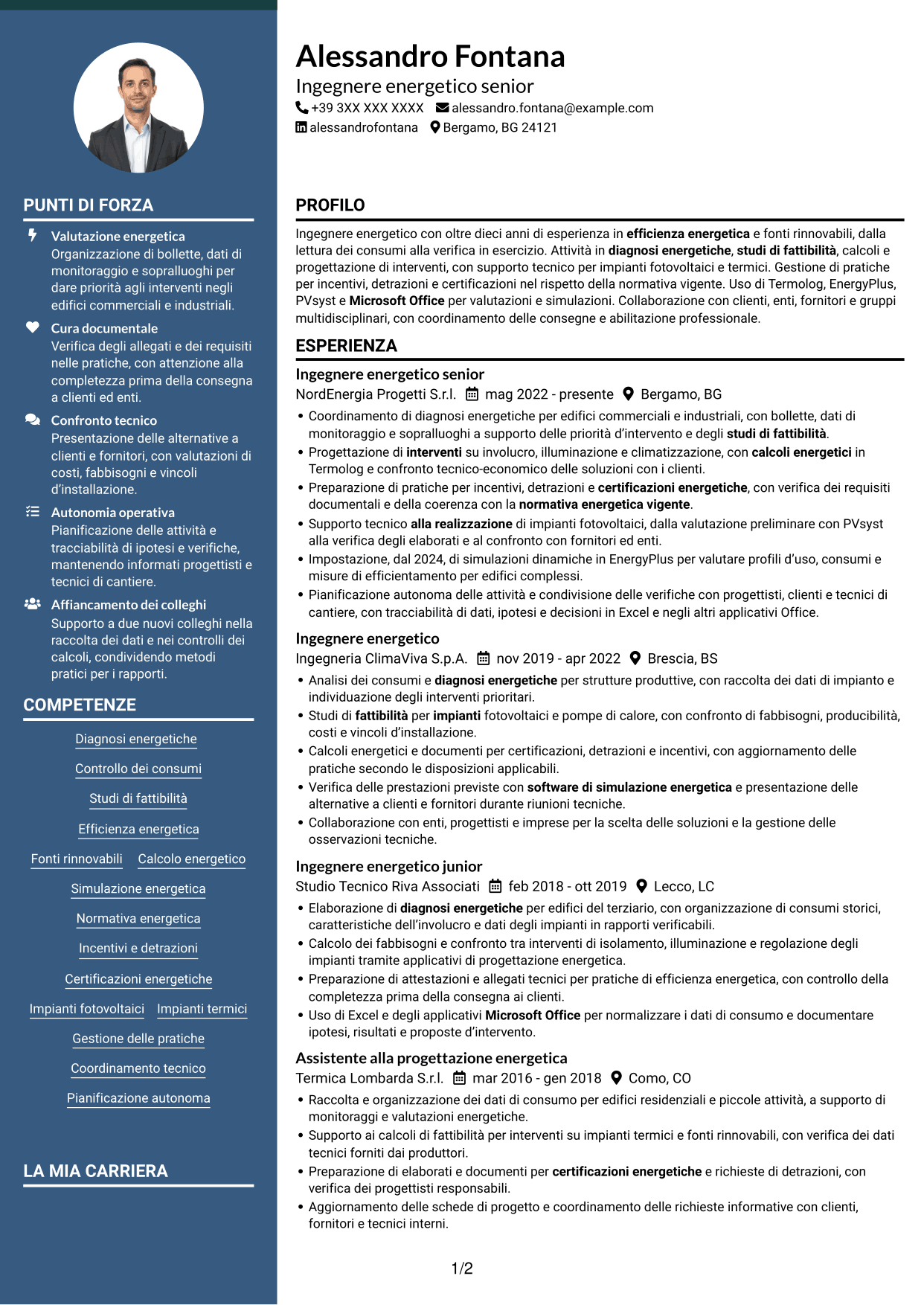 CV Elegante (formato con colonna laterale colorata e foto): Ingegnere Energetico - Efficienza Energetica e Fonti Rinnovabili, pagina 1
