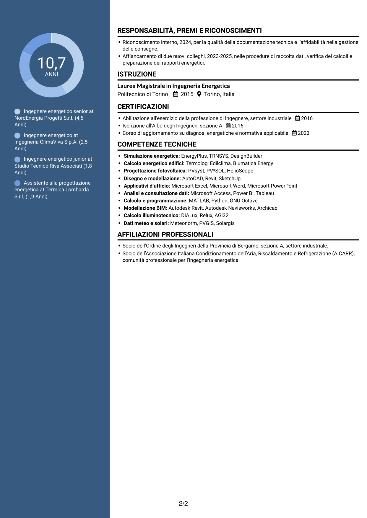 CV Elegante (formato con colonna laterale colorata e foto): Ingegnere Energetico - Efficienza Energetica e Fonti Rinnovabili, pagina 2