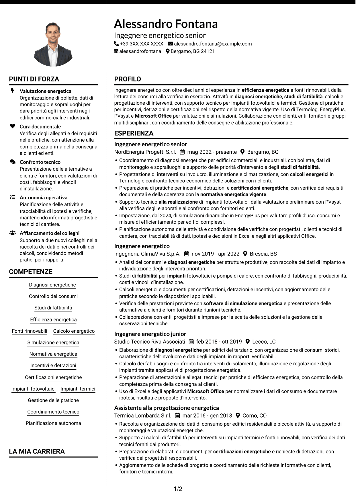 CV Moderno (formato a due colonne con foto a sinistra e separatore): Ingegnere Energetico - Efficienza Energetica e Fonti Rinnovabili, pagina 1