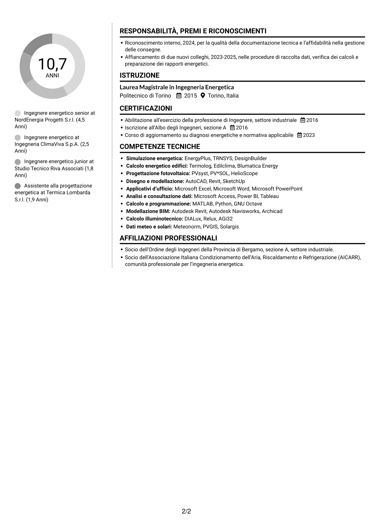CV Moderno (formato a due colonne con foto a sinistra e separatore): Ingegnere Energetico - Efficienza Energetica e Fonti Rinnovabili, pagina 2