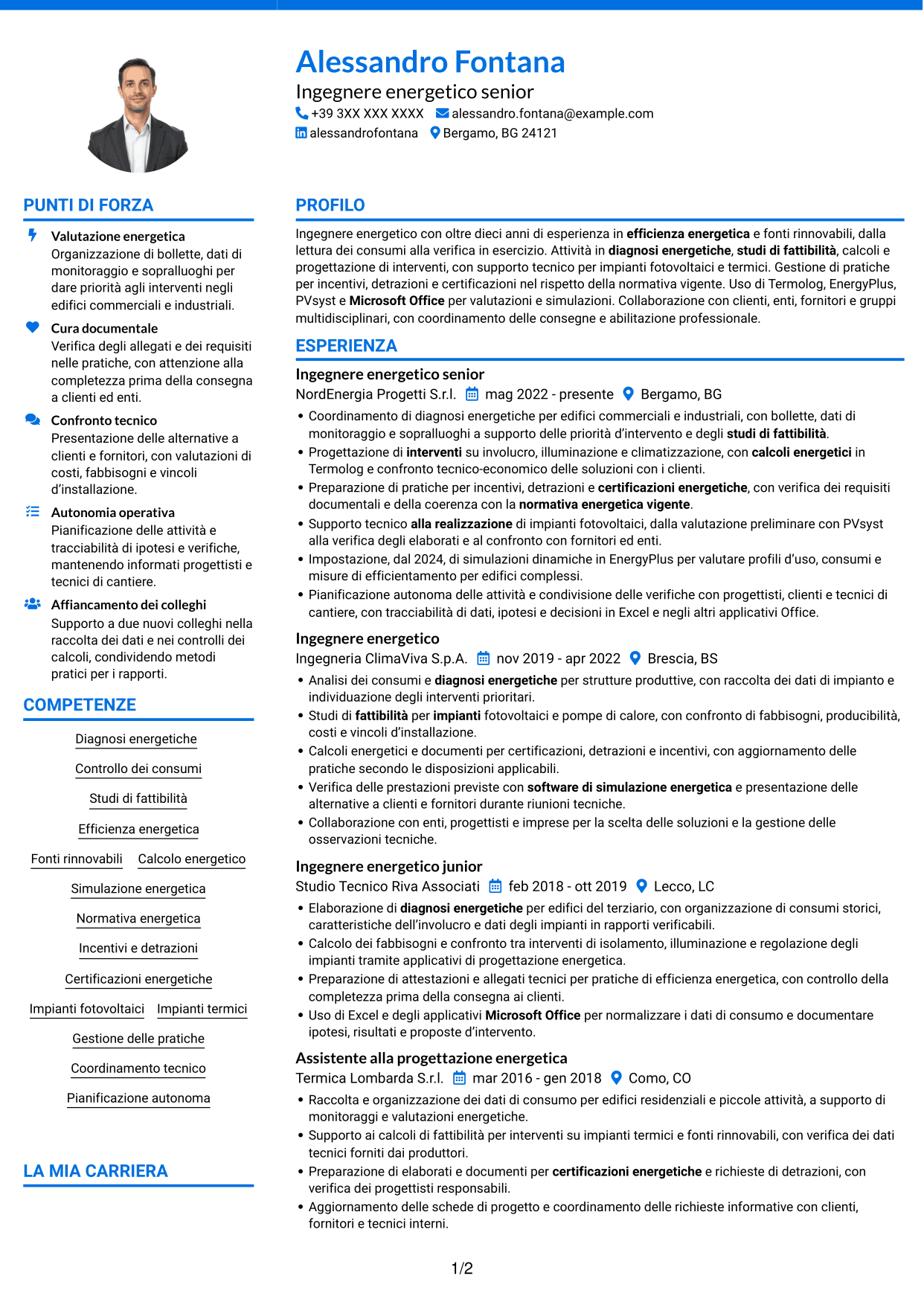 CV Audace (formato a due colonne con accenti colorati e foto): Ingegnere Energetico - Efficienza Energetica e Fonti Rinnovabili, pagina 1