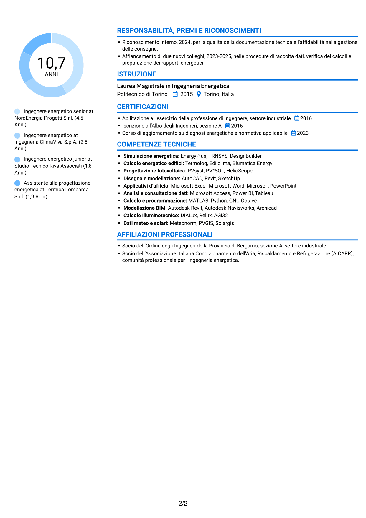 CV Audace (formato a due colonne con accenti colorati e foto): Ingegnere Energetico - Efficienza Energetica e Fonti Rinnovabili, pagina 2
