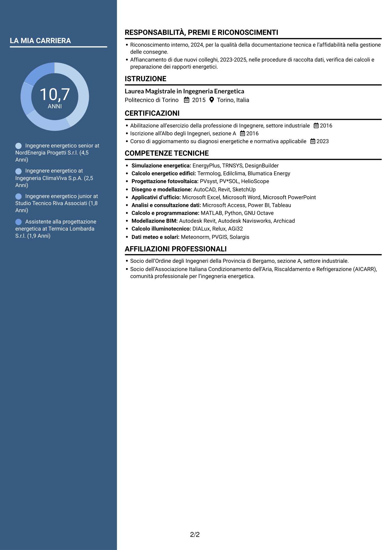 CV Signature (formato con colonna laterale colorata e foto grande): Ingegnere Energetico - Efficienza Energetica e Fonti Rinnovabili, pagina 2