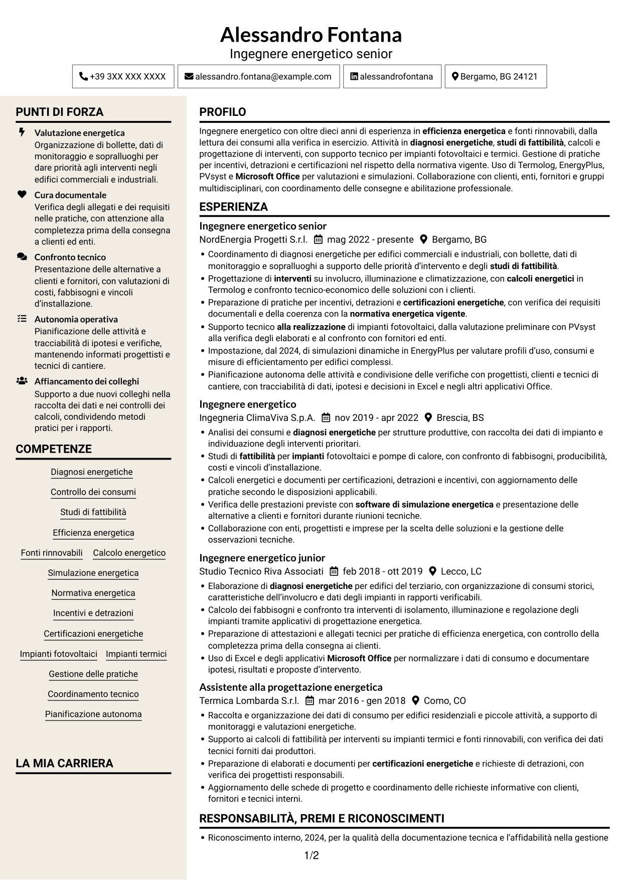 CV Intraprendente (formato a due colonne con intestazione centrata senza foto): Ingegnere Energetico - Efficienza Energetica e Fonti Rinnovabili, pagina 1