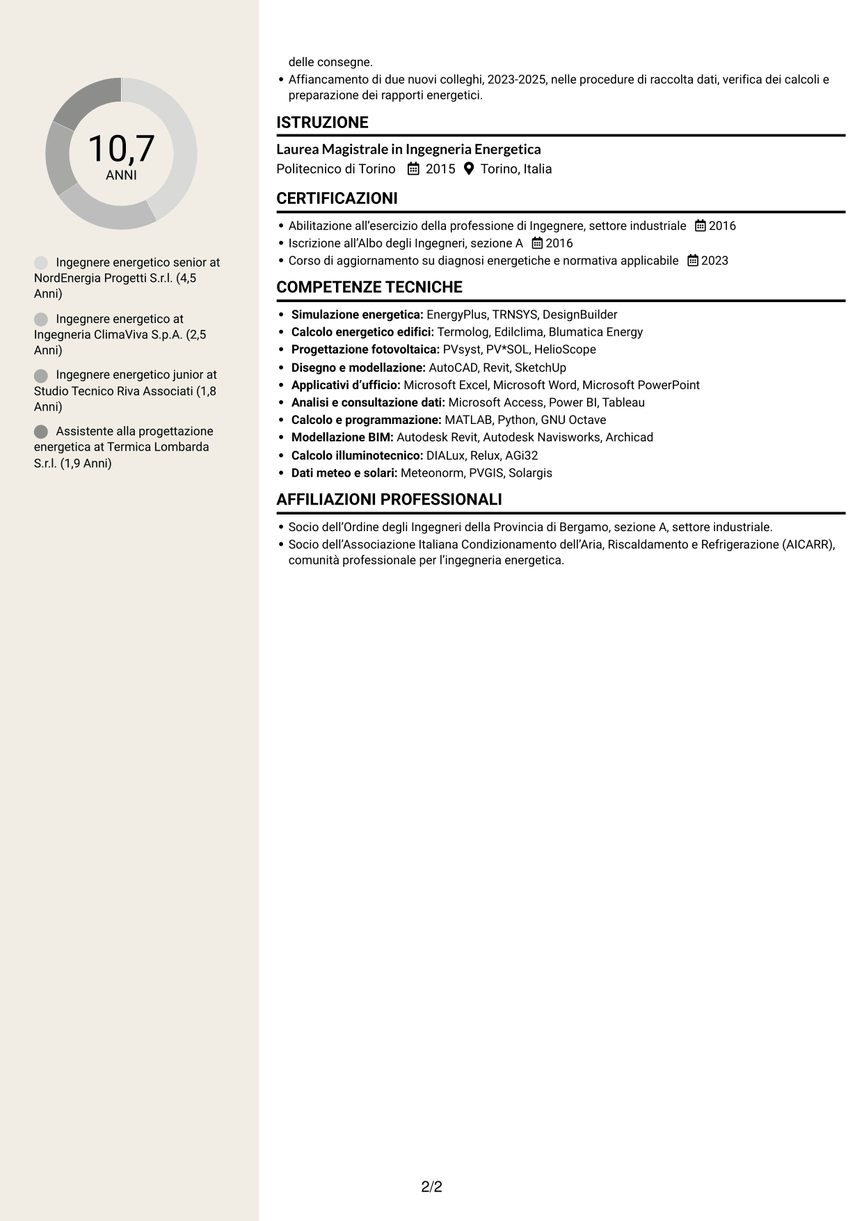 CV Intraprendente (formato a due colonne con intestazione centrata senza foto): Ingegnere Energetico - Efficienza Energetica e Fonti Rinnovabili, pagina 2