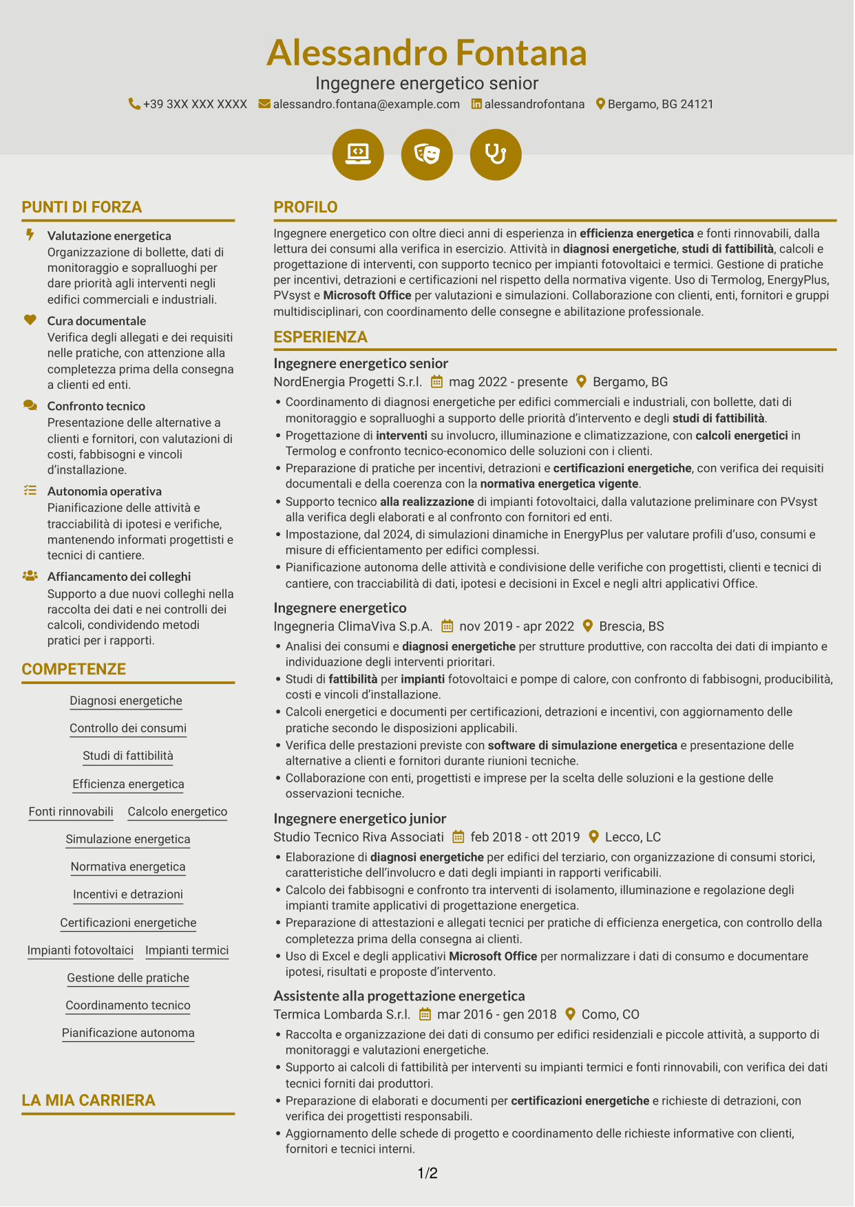 CV Dinamico (formato a due colonne con icone): Ingegnere Energetico - Efficienza Energetica e Fonti Rinnovabili, pagina 1