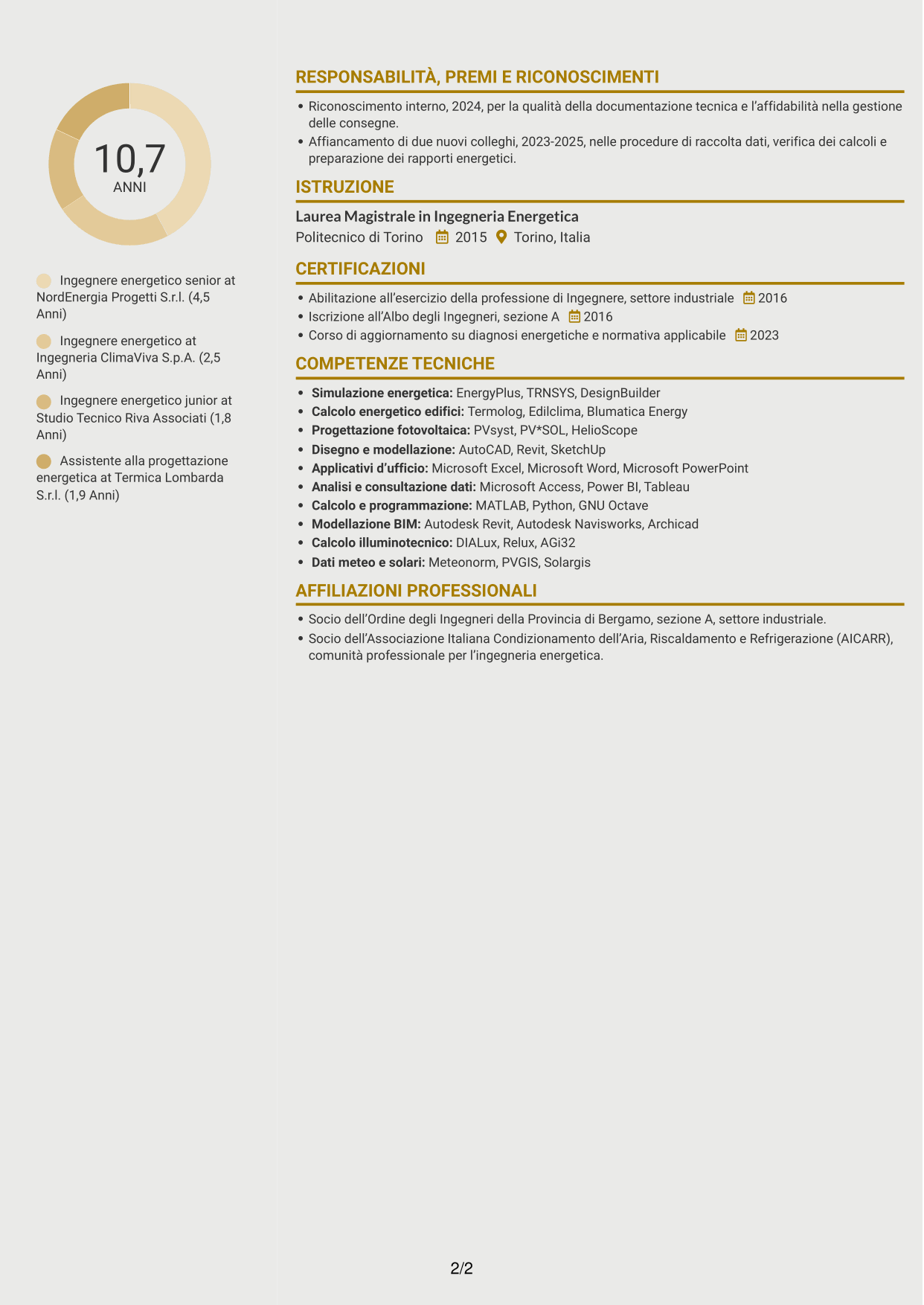 CV Dinamico (formato a due colonne con icone): Ingegnere Energetico - Efficienza Energetica e Fonti Rinnovabili, pagina 2
