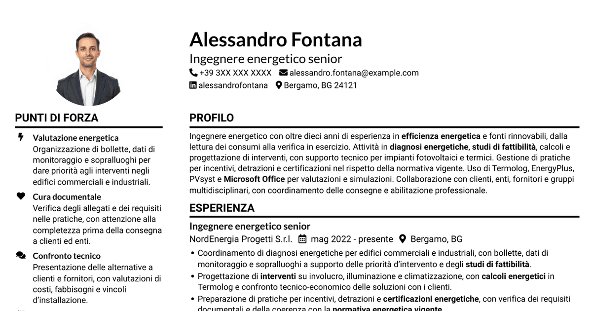 7 modelli di CV per Ingegnere Energetico - Efficienza Energetica e Fonti Rinnovabili, con esempi