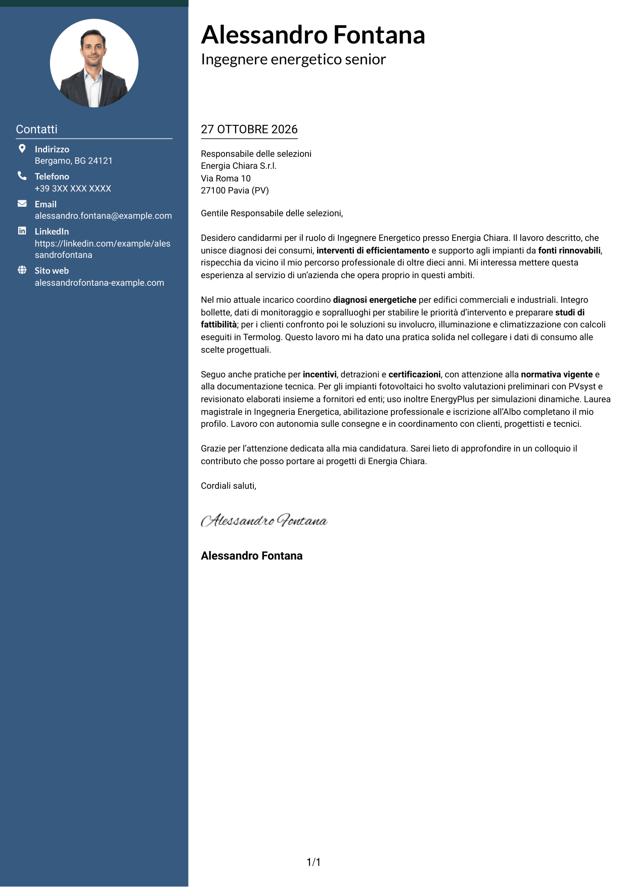 Lettera di presentazione Elegante (formato con colonna laterale colorata e foto): Ingegnere Energetico - Efficienza Energetica e Fonti Rinnovabili, pagina 1