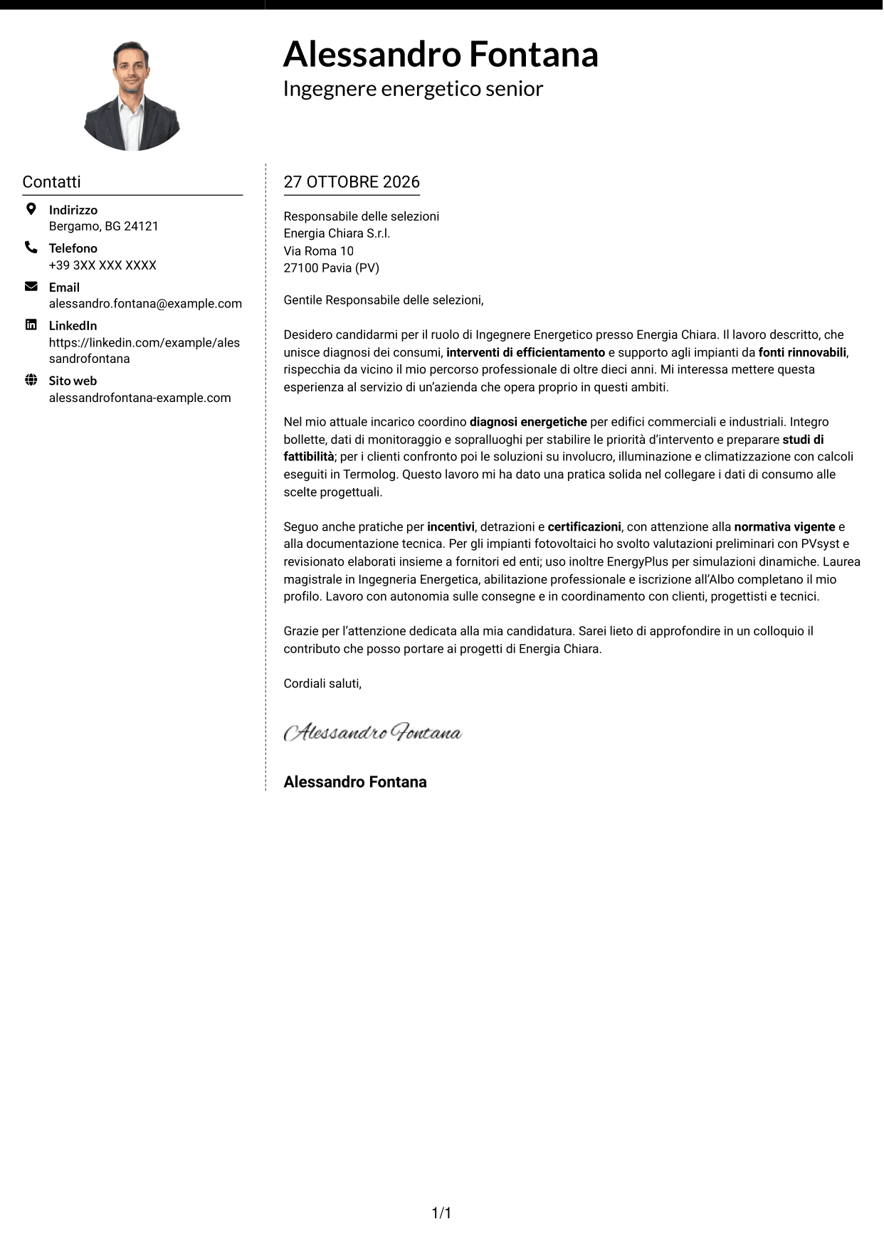 Lettera di presentazione Moderno (formato a due colonne con foto a sinistra e separatore): Ingegnere Energetico - Efficienza Energetica e Fonti Rinnovabili, pagina 1