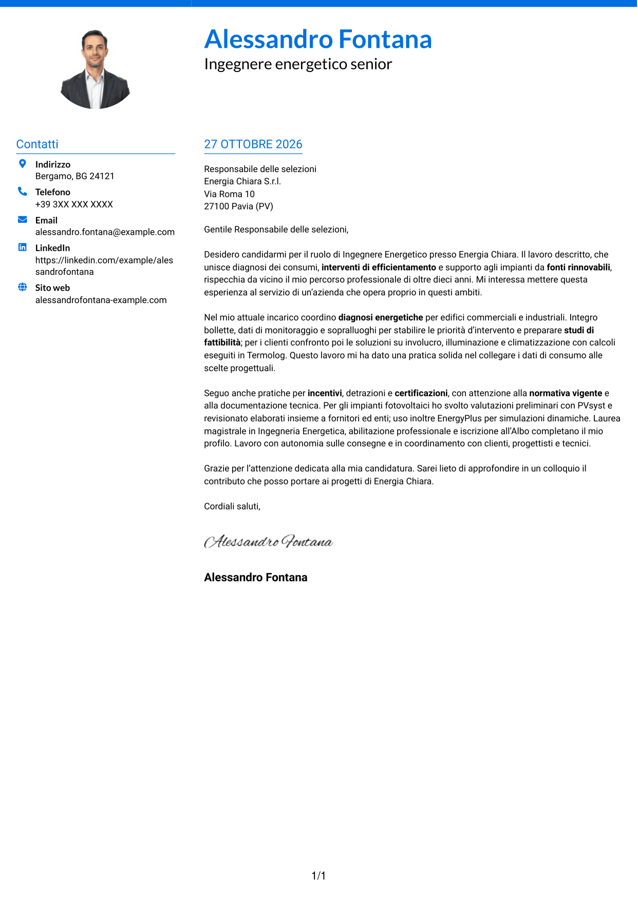 Lettera di presentazione Audace (formato a due colonne con accenti colorati e foto): Ingegnere Energetico - Efficienza Energetica e Fonti Rinnovabili, pagina 1