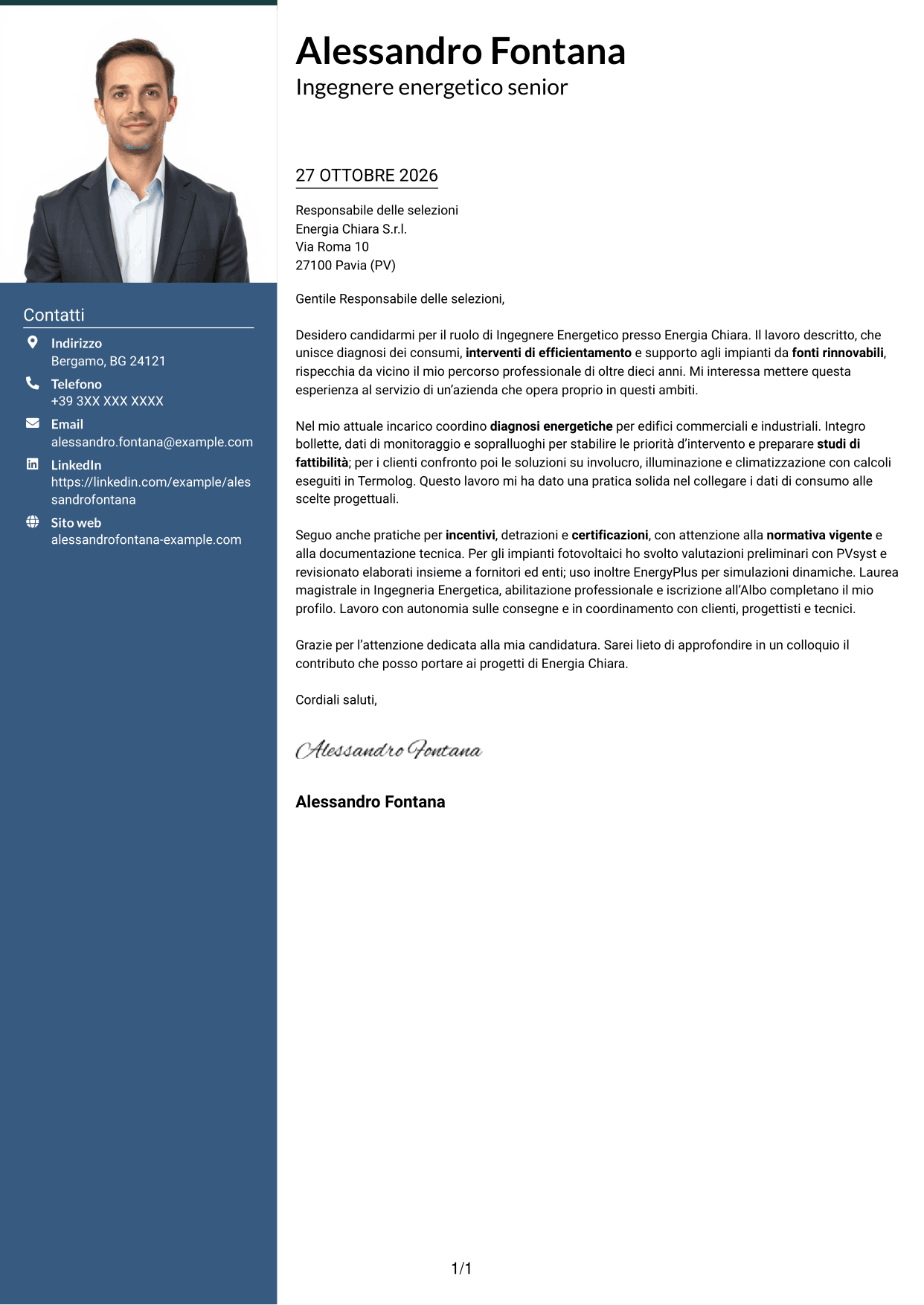 Lettera di presentazione Signature (formato con colonna laterale colorata e foto grande): Ingegnere Energetico - Efficienza Energetica e Fonti Rinnovabili, pagina 1