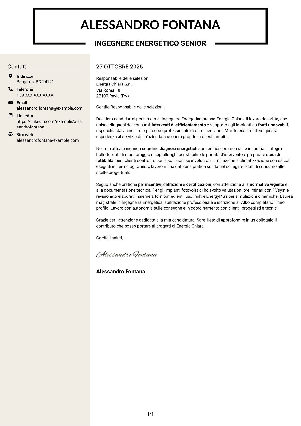 Lettera di presentazione Intraprendente (formato a due colonne con intestazione centrata senza foto): Ingegnere Energetico - Efficienza Energetica e Fonti Rinnovabili, pagina 1