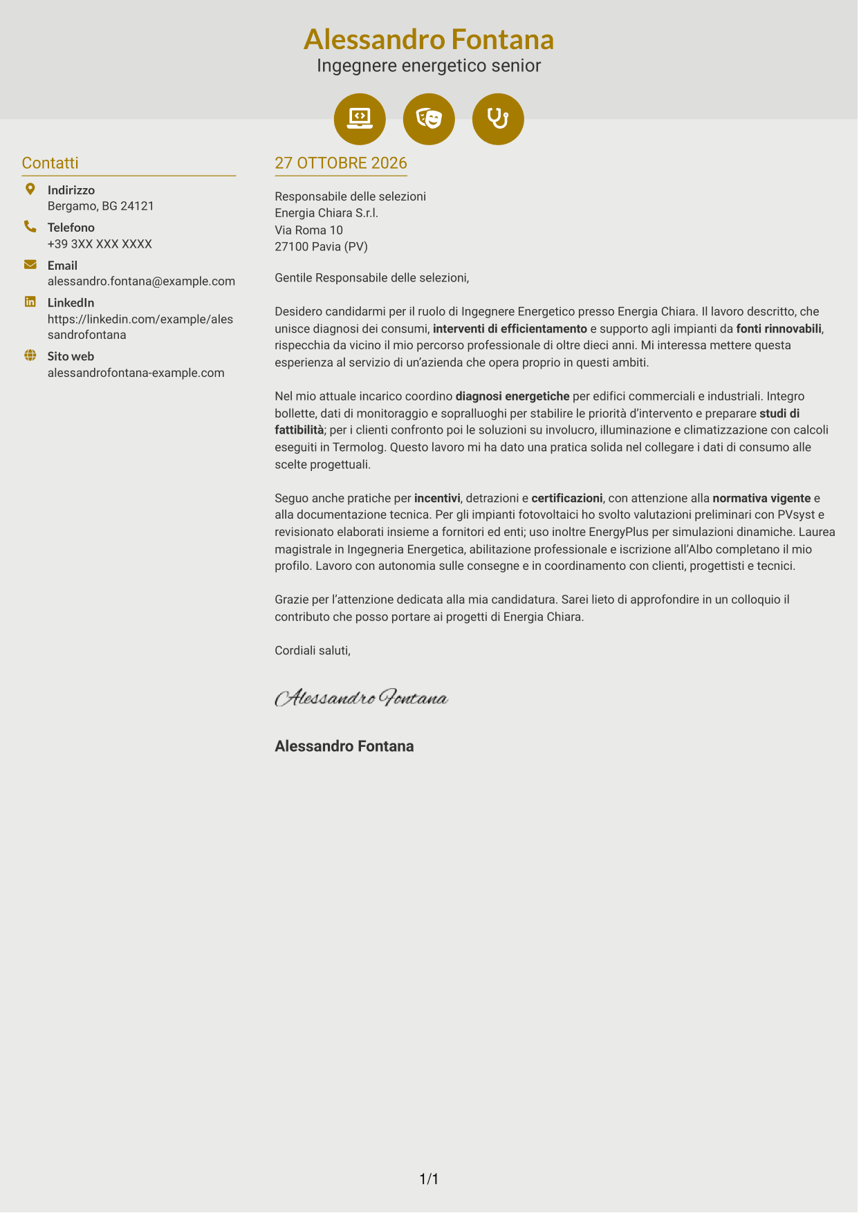 Lettera di presentazione Dinamico (formato a due colonne con icone): Ingegnere Energetico - Efficienza Energetica e Fonti Rinnovabili, pagina 1