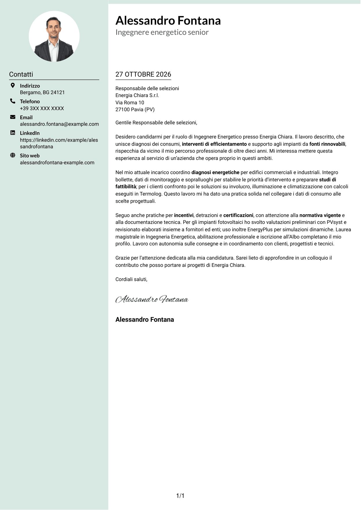 Lettera di presentazione Dirigente (formato con colonna laterale tenue e foto arrotondata): Ingegnere Energetico - Efficienza Energetica e Fonti Rinnovabili, pagina 1