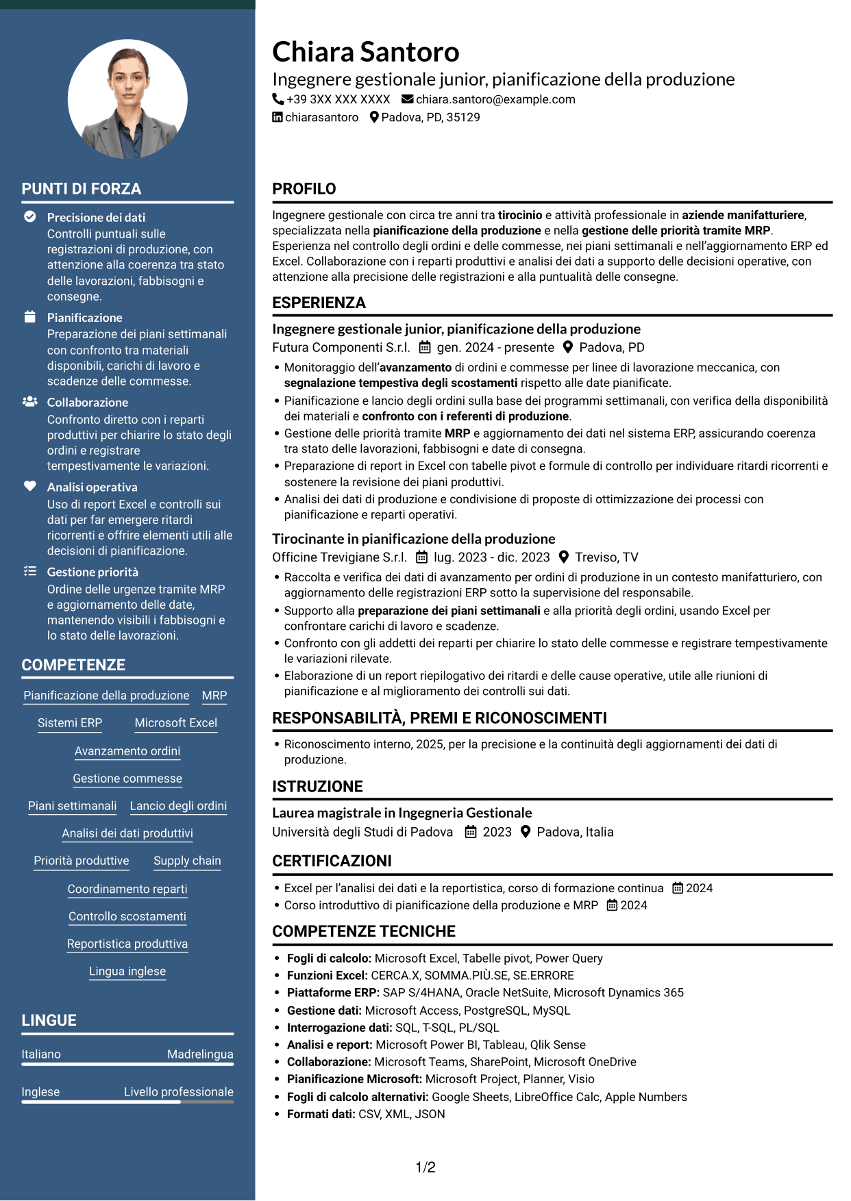 CV Elegante (formato con colonna laterale colorata e foto): Ingegnere gestionale - Pianificazione della produzione, pagina 1