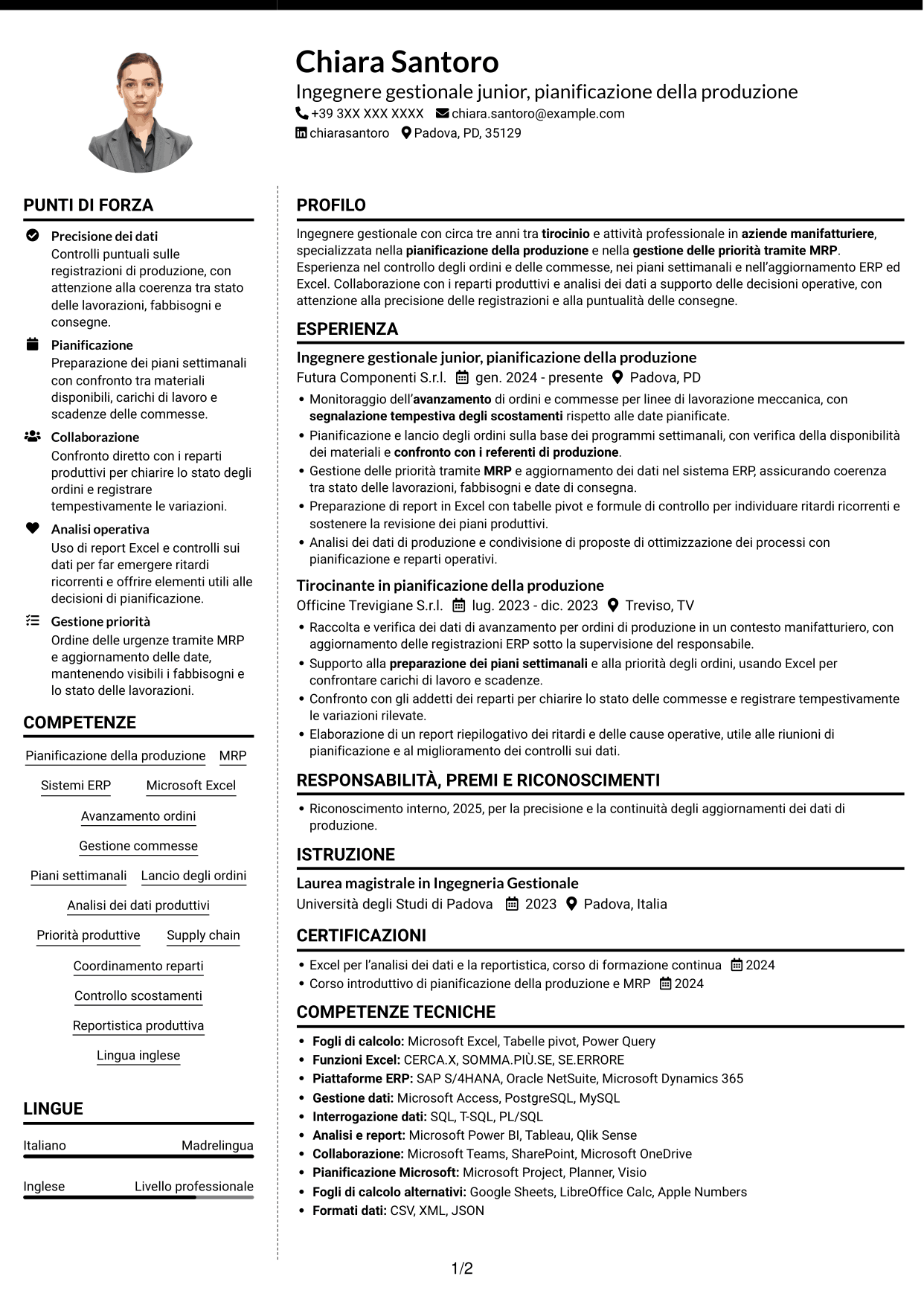 CV Moderno (formato a due colonne con foto a sinistra e separatore): Ingegnere gestionale - Pianificazione della produzione, pagina 1