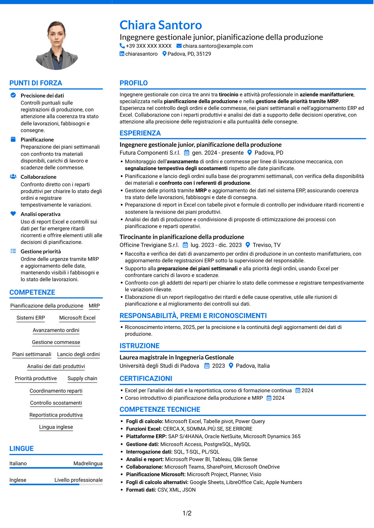 CV Audace (formato a due colonne con accenti colorati e foto): Ingegnere gestionale - Pianificazione della produzione, pagina 1