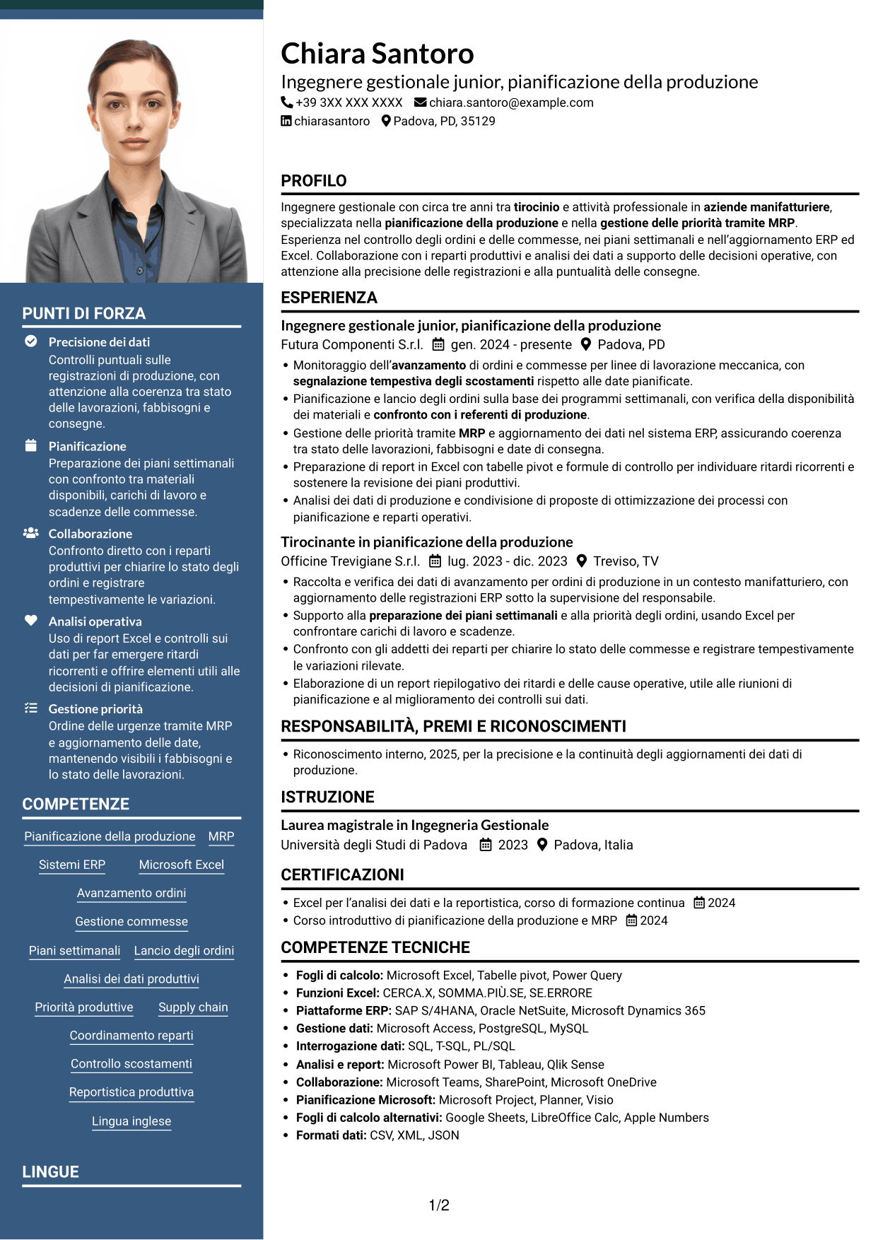 CV Signature (formato con colonna laterale colorata e foto grande): Ingegnere gestionale - Pianificazione della produzione, pagina 1