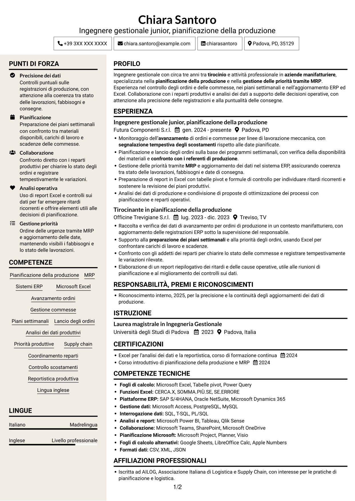 CV Intraprendente (formato a due colonne con intestazione centrata senza foto): Ingegnere gestionale - Pianificazione della produzione, pagina 1