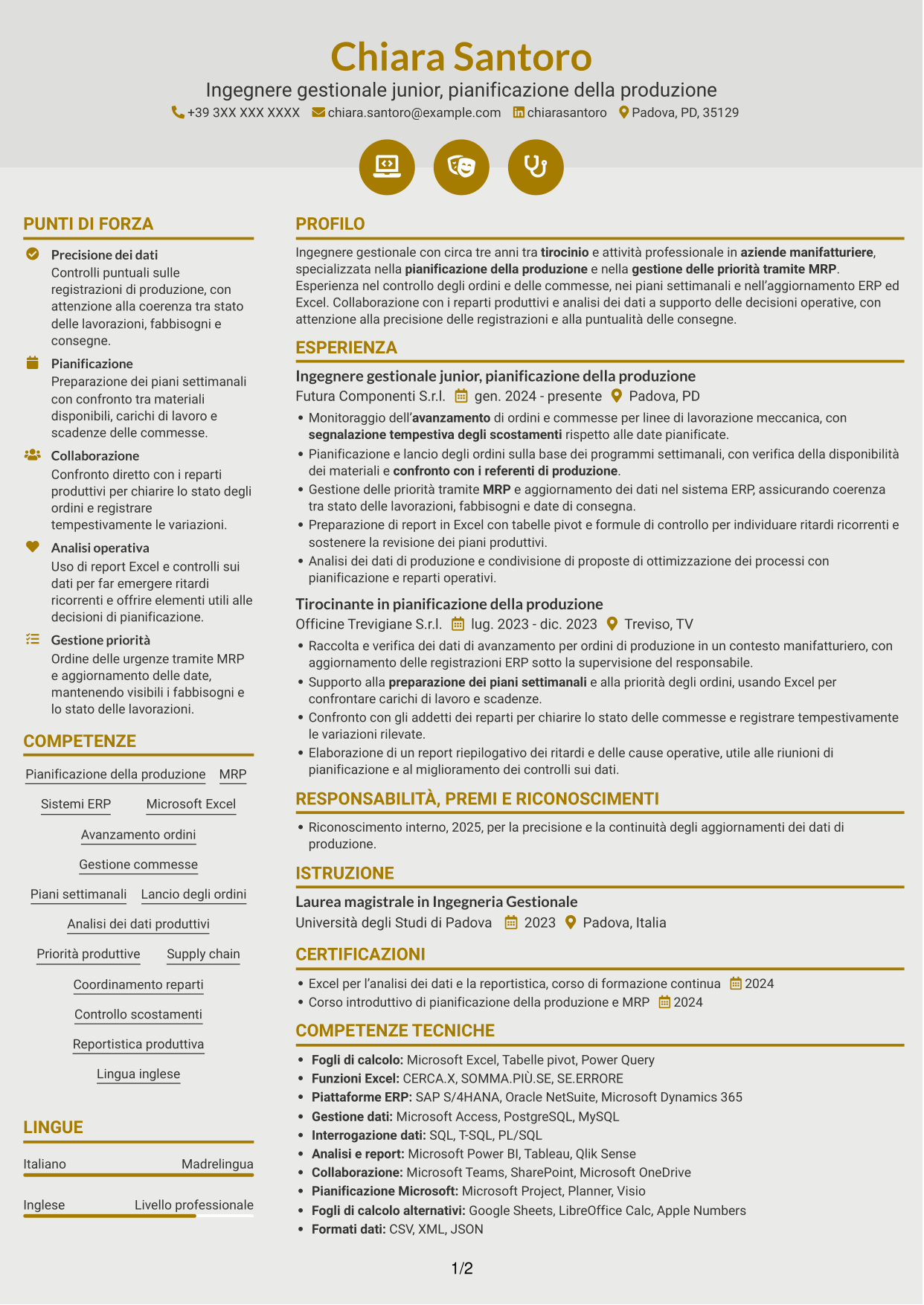 CV Dinamico (formato a due colonne con icone): Ingegnere gestionale - Pianificazione della produzione, pagina 1