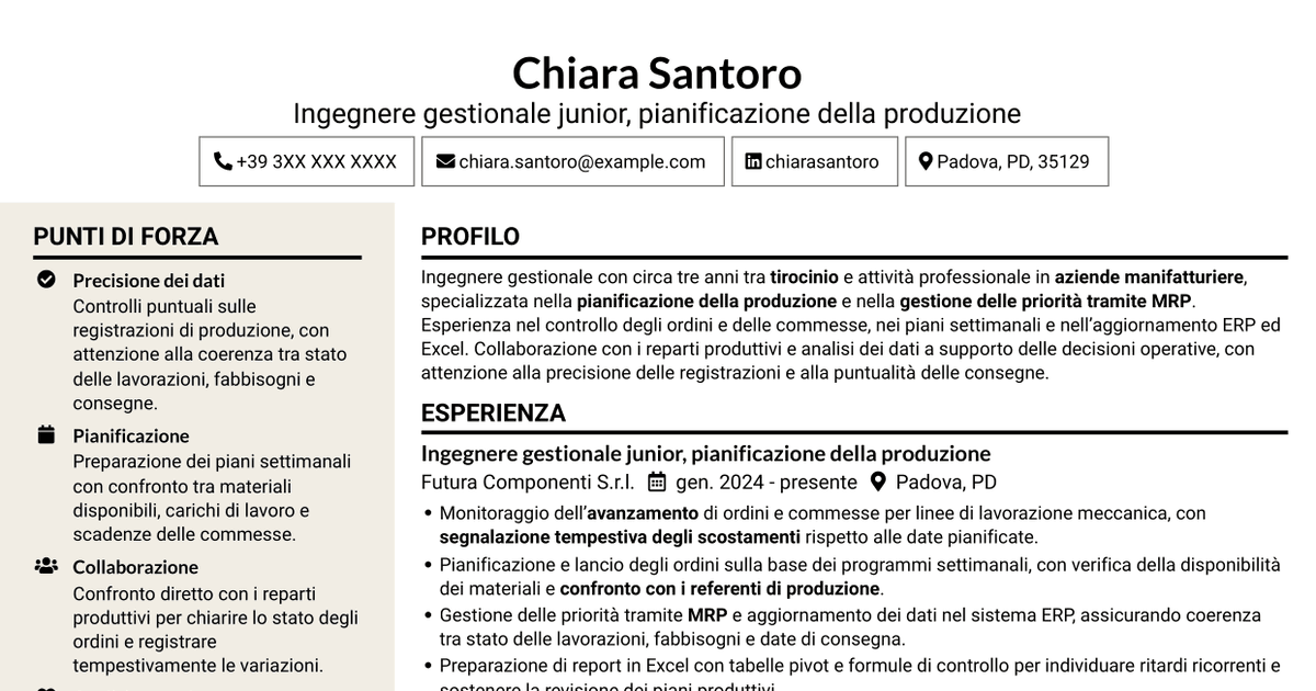7 modelli di CV per Ingegnere gestionale - Pianificazione della produzione, con esempi