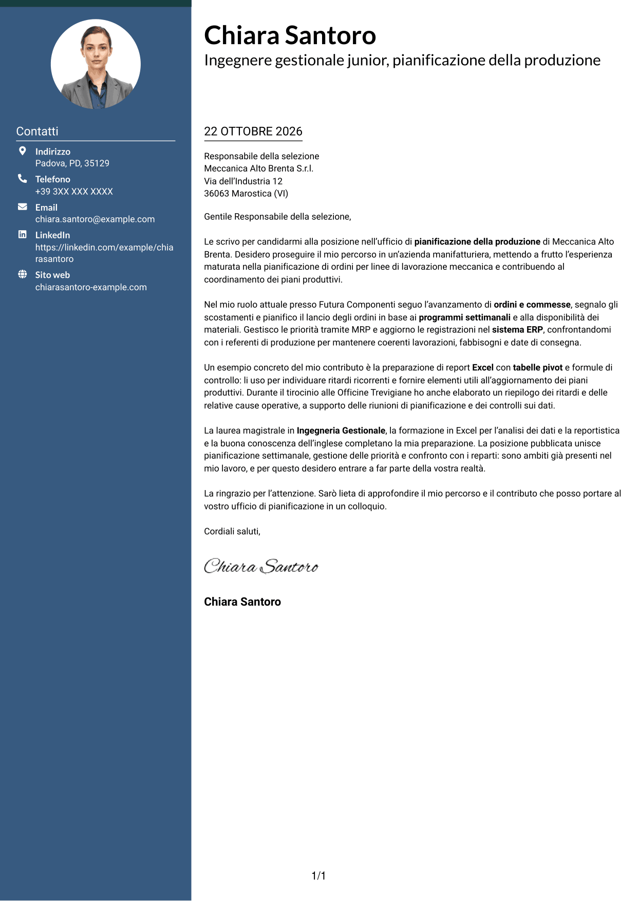 Lettera di presentazione Elegante (formato con colonna laterale colorata e foto): Ingegnere gestionale - Pianificazione della produzione, pagina 1