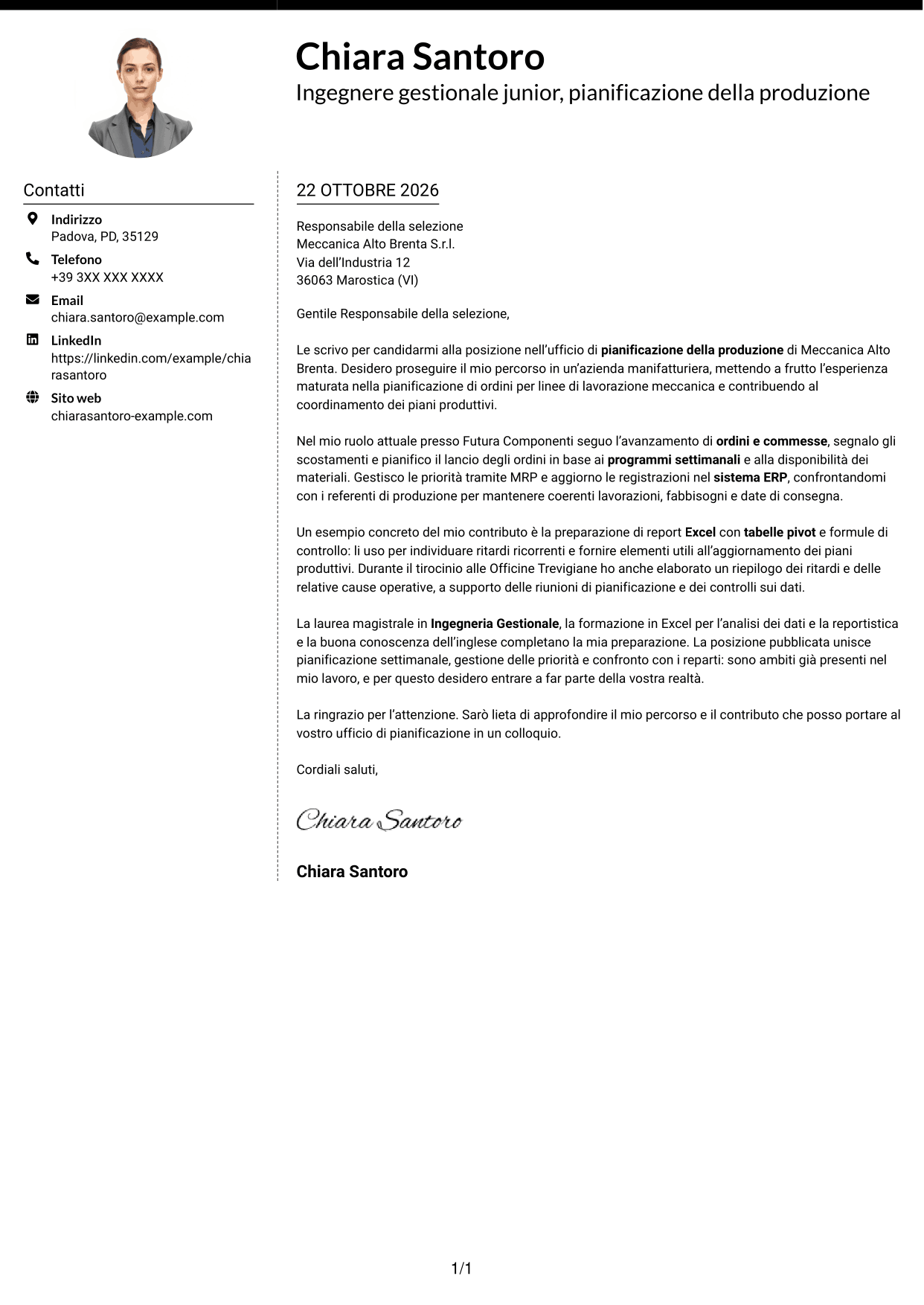 Lettera di presentazione Moderno (formato a due colonne con foto a sinistra e separatore): Ingegnere gestionale - Pianificazione della produzione, pagina 1