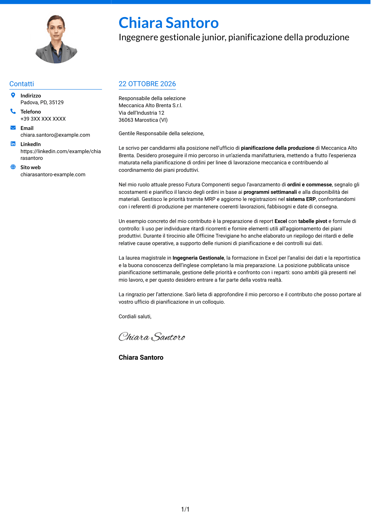 Lettera di presentazione Audace (formato a due colonne con accenti colorati e foto): Ingegnere gestionale - Pianificazione della produzione, pagina 1