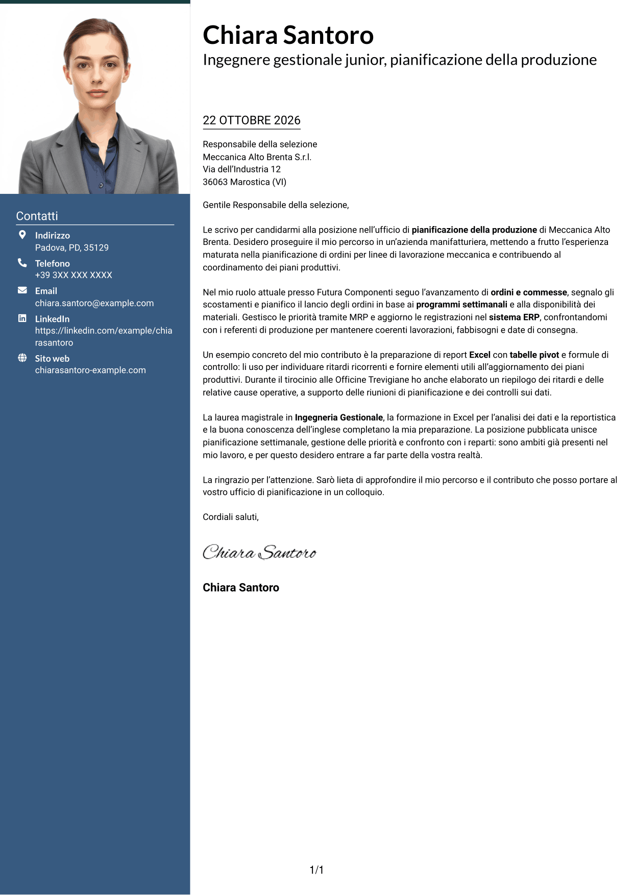 Lettera di presentazione Signature (formato con colonna laterale colorata e foto grande): Ingegnere gestionale - Pianificazione della produzione, pagina 1
